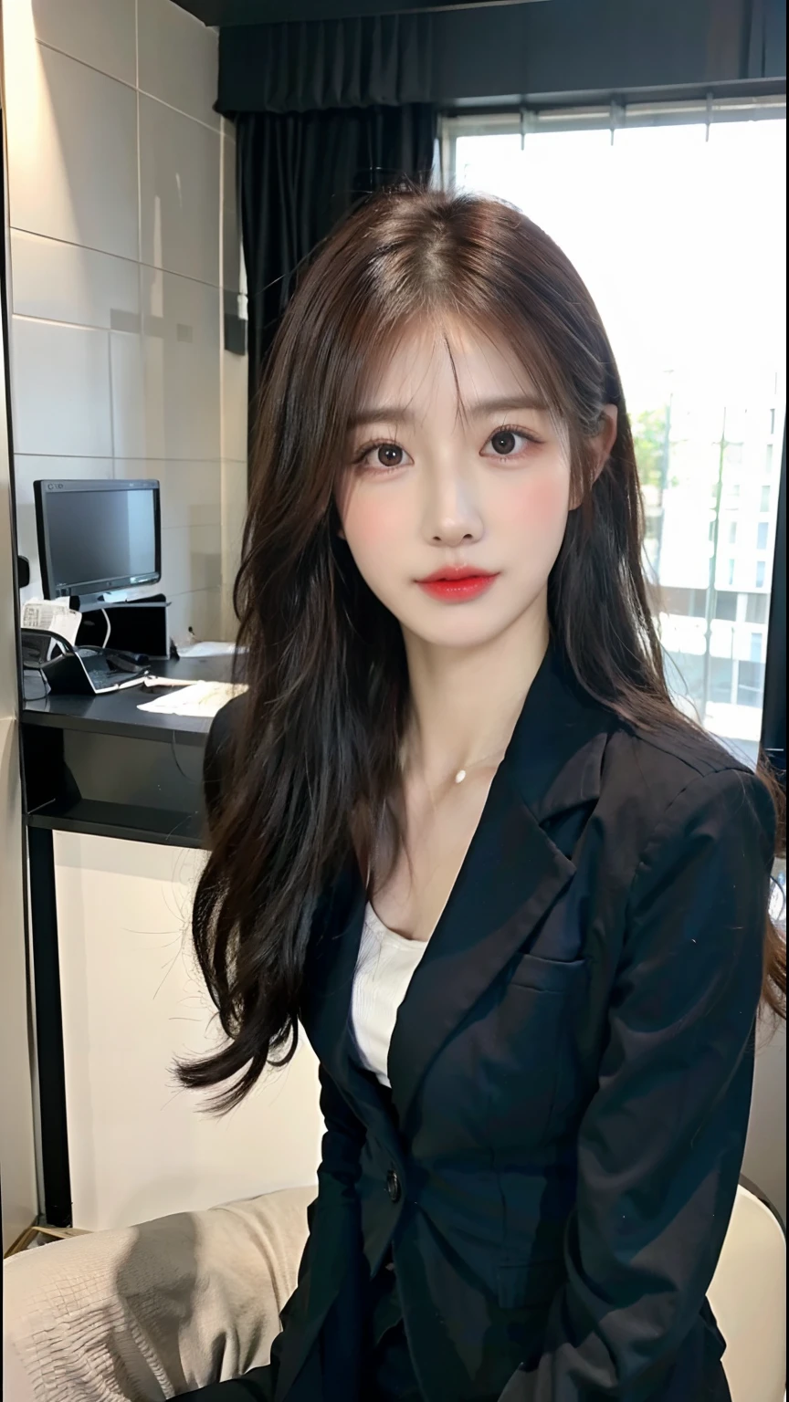 （best qualtiy，8K，32K，tmasterpiece，hyper HD：1.2），1girll，beautiful Korean women，a narrow waist，Business suit，Open jacket，office  lady，Business suit，trouser，from the front side，office room，（Stick out your chest：1.2），详细的脸，Long brown hair