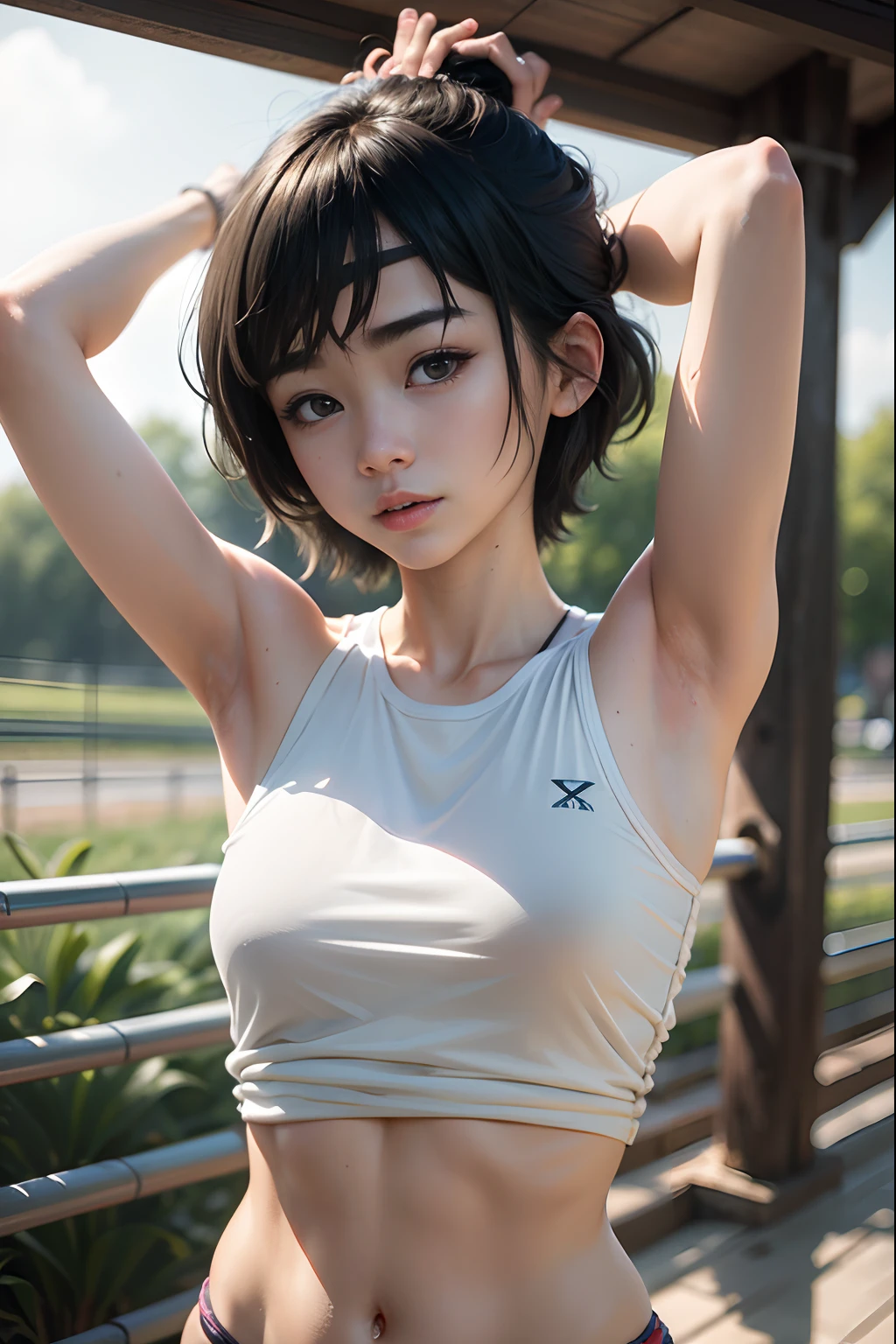 (​masterpiece:1.3), (8K, Photorealsitic, Raw photography, Top image quality: 1.4), a japanese girl、Standard body shape:1.3、(Random hairstyles:1.2)、maikurobikini:1.2、Super Detail Face、Eye of Detail、二重まぶた、Super detail armpits、Lean forward to bring your chest closer、foco nítido:1.2、prety woman:1.4、light brown hair、top-quality、​masterpiece、超A high resolution、(Photorealsitic:1.4)、Highly detailed and professional lighting smile、Background of the playground、Track and field athletes stretching、Tight white crop top、Light blue racing shorts、Shining sweat、a baby face、slender、poneyTail、serious facial expression、Side fetish