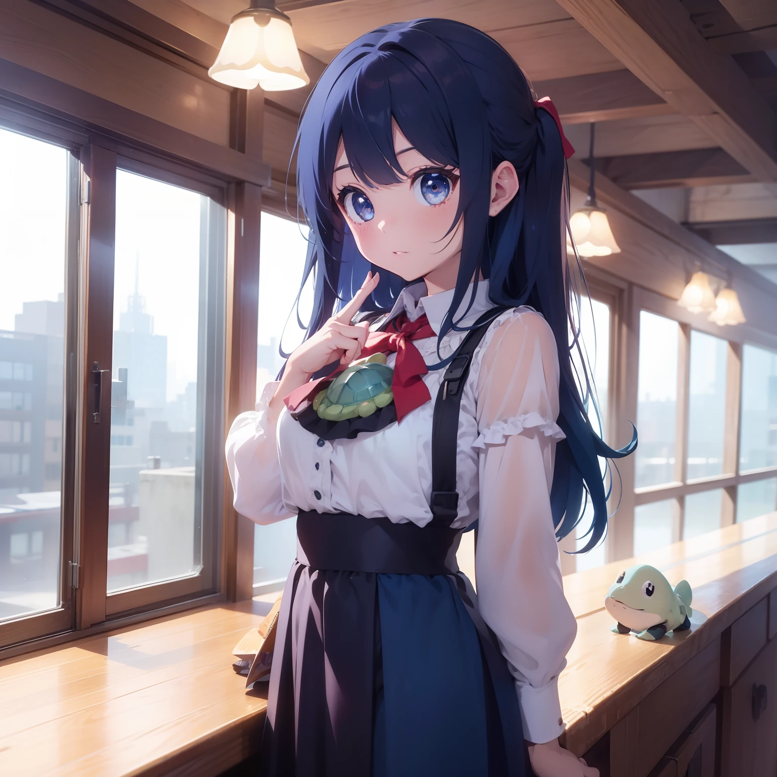 Extremely detailed CG unified 8K wallpaper, very fine 8KCG wallpaper, absurderes,Lori ,Best quality ,ultra - detailed ,Beautiful face ,tmasterpiece、Head-to-waist display、Sit on the、top-quality(tmasterpiece), top-quality, lightblue hair、Very low double tail、lightblue hair、Black Lolita clothes、light blue eyes、Cute Baby Turtle、tmasterpiece、top-quality、Top image quality、Inside the building