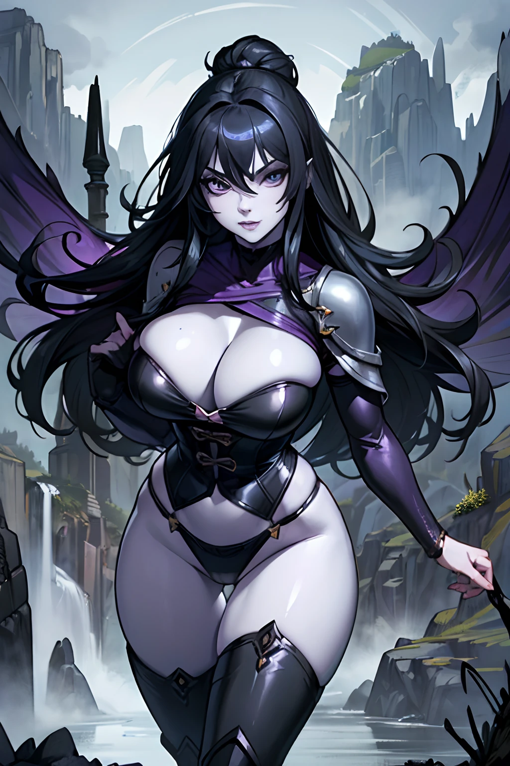 (masterpiece, top quality, best quality, official art, beautiful and aesthetic:1.2), (1girl:1.3), ((long black hair)), (((pale purple skin, pale blue skin, blue skin, purple skin))), extremely detailed, portrait, looking at viewer, solo, (full body:0.6), detailed background, close up, (cold night mountain theme:1.1), dark elf war dancer, charlatan, smirk, mysterious, swaying in mountains, skimpy attire, revealing gladiatrix costume, gold bikini, cowl, metal bikini, long boots, dual knives, violet fabric, black leather, gigantic breasts, cleavage, skindentation, slim waist, slim hips, long legs, medieval (mountain exterior:1.1) background, dark mysterious lighting, shadows, magical atmosphere, dutch angle, (((balsamique)))