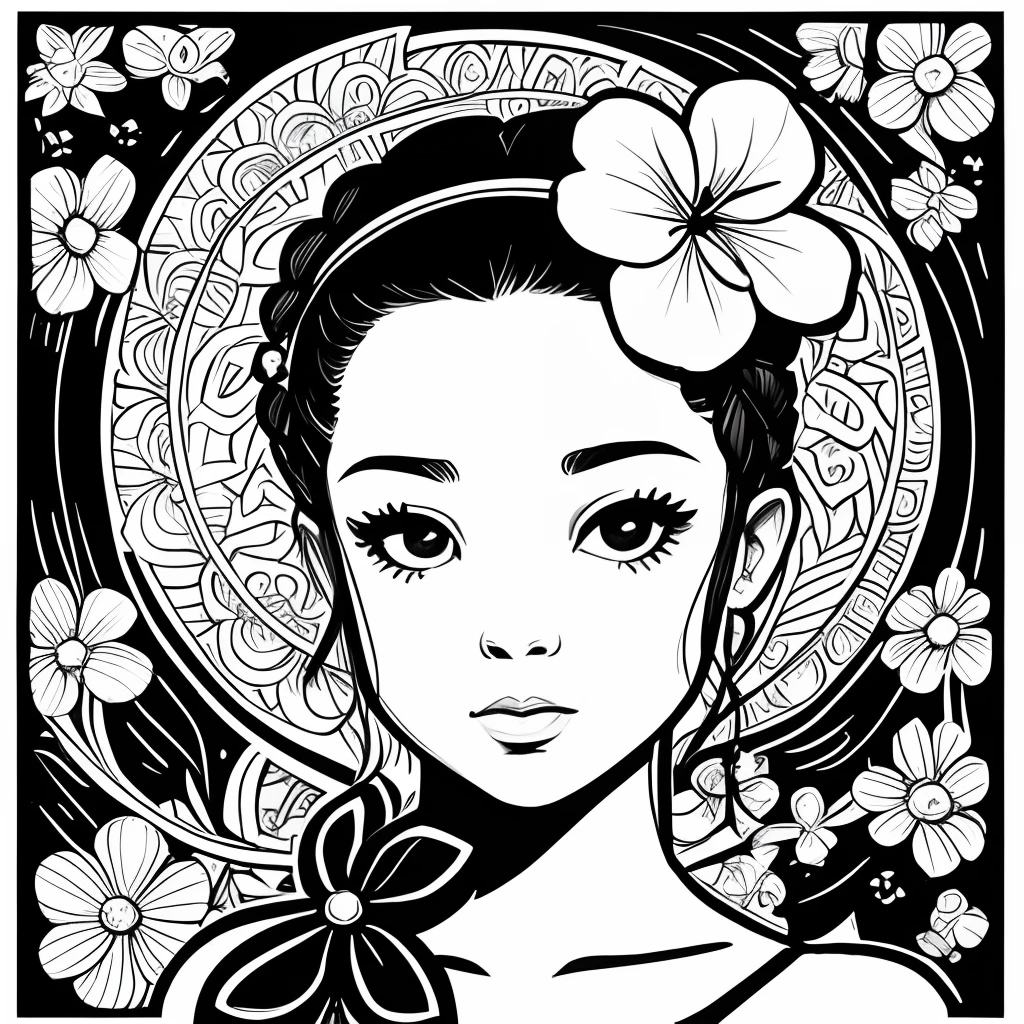 Black and white stick figure 1 girl with forget me knot flowers in background, loli in dress with flowers, its fine ink line art, comic style, portrait of polynesian girl, Marilyn Munroe, Hollywood glam, beautiful line art, black and white comic style, manga style, manga art style, pencil and ink caricature drawing, black and white coloring