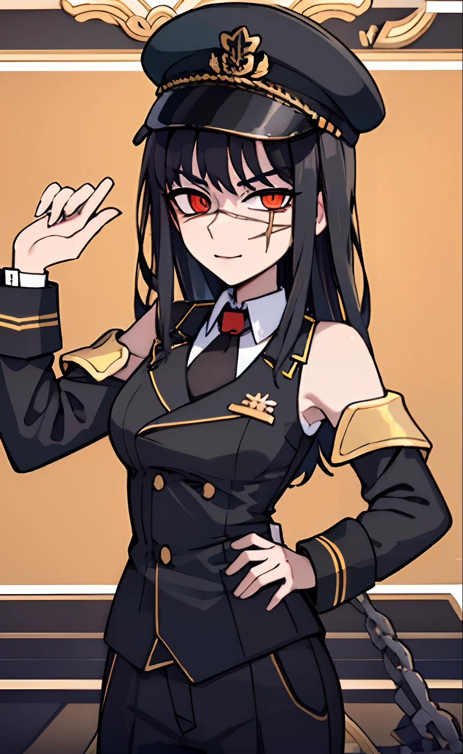 (masterpiece, best quality: 1.2), Solo, 1girl, Yoru \(Chainsaw Man\), looking at the viewer, different poses, red eye, long hair, completely black hair, reference to clothing of a German WWII general, black long sleeves (best quality), scar on face, beautiful eyes, has only 2 arms, has war medals on his clothes, Black Military Cap, Golden Eagle Medal on Clothing,  (Wallpaper), (8K HD), (8K HD), Golden Shoulder Pads, Sprites, 1 Single Design (masterpiece, best quality: 1.2), Solo, 1girl, Yoru \(Chainsaw Man\), looking at the viewer, smile, happy, different poses, red eye, long hair, completely black hair, reference to clothing of a German WWII general, black long sleeves (best quality), scar on face,  beautiful eyes, has only 2 arms, has war medals on his clothes, black military cap, golden eagle medal on clothing, (wallpaper), (8K HD), (8K HD), (8K HD), golden shoulder pads, sprites, 1 single design