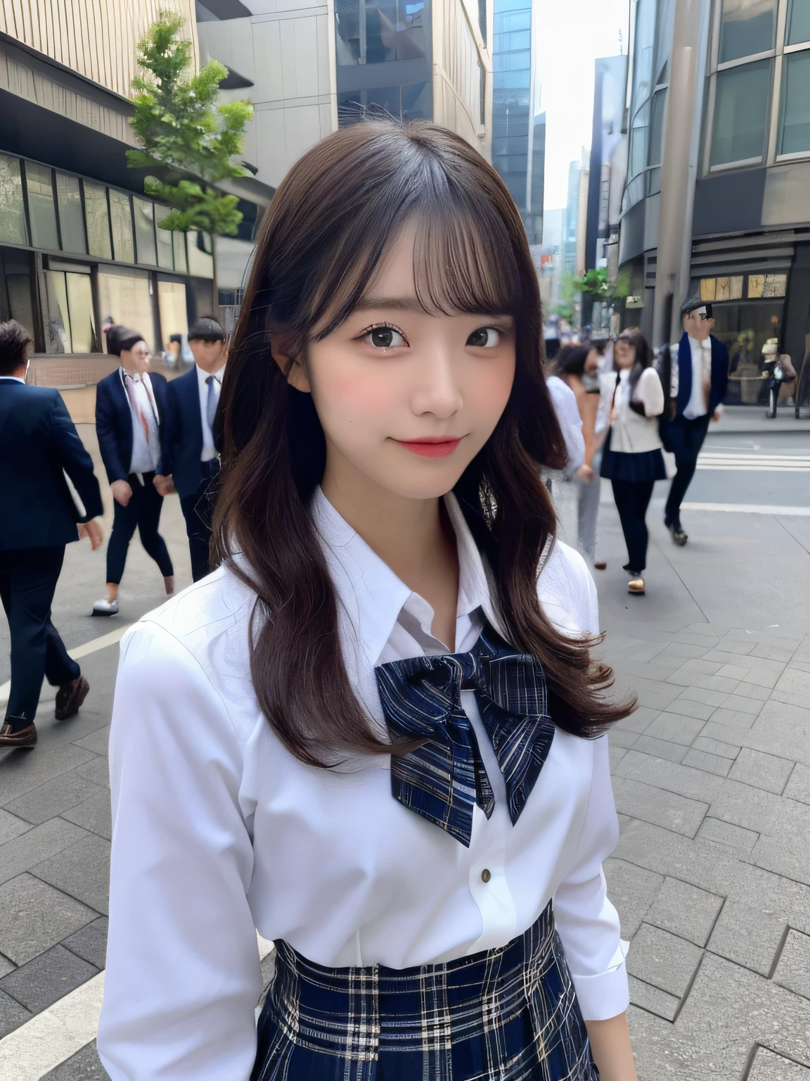((top-quality、in 8K、masterpiece:1.3))、foco nítido:1.2、Beautiful schoolgirl in perfect style:1.4、A slender、((A dark-haired、tits out:1.2))、gravure model、(natural soft light、street snap、TOKYOcty、Harajuku:1.1)、Highly detailed facial and skin texture、A detailed eye、二重まぶた、Sweaty、A sexy、((Uniform 1.5))、jk suit plaid skirt pleated skirt shirt bowtie
