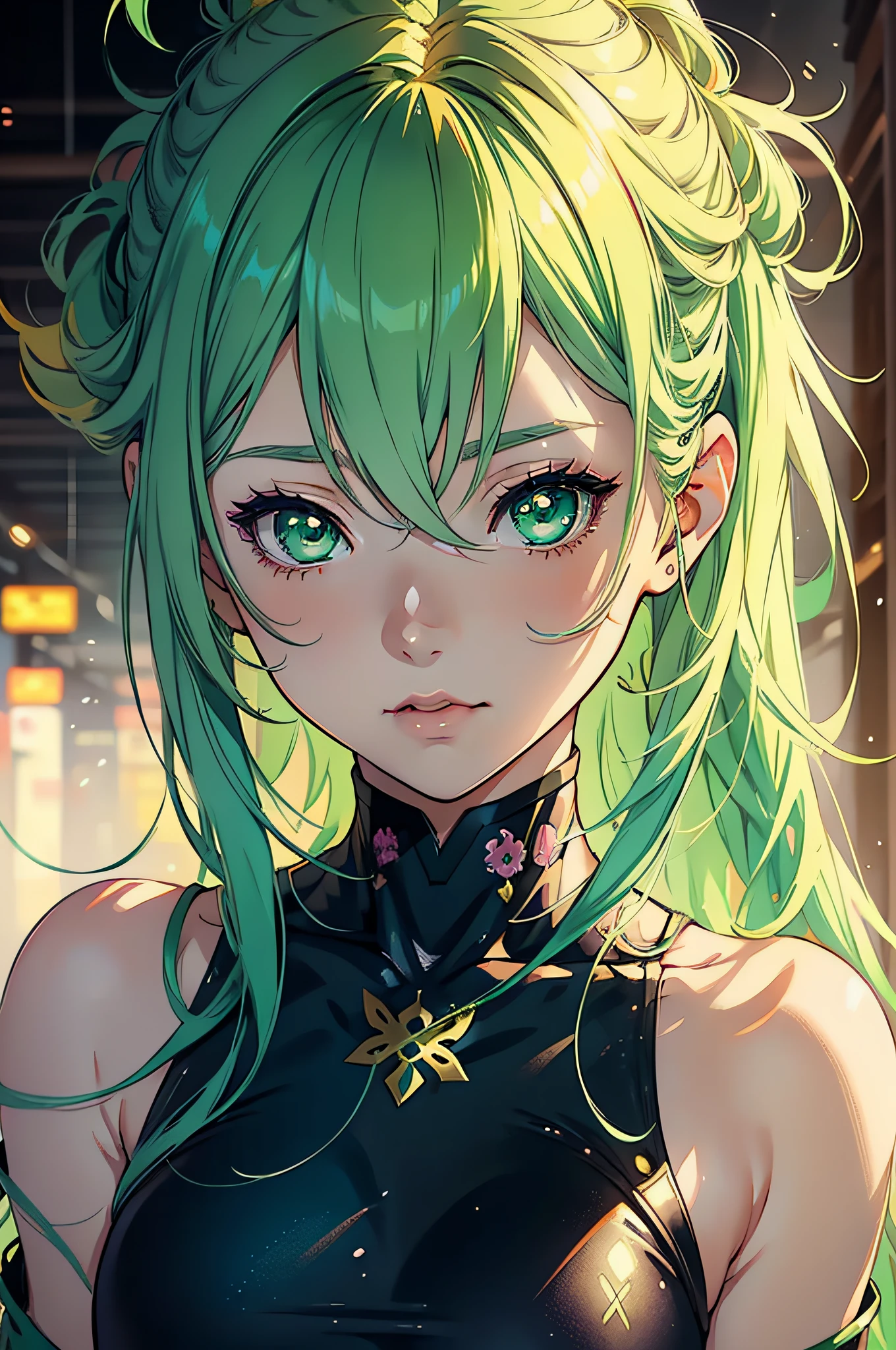 very cute and beautiful anime girl portrait with highly detailed green eyes and pastel yellow hair, in modern anime style, made by ross tran, wlop, laica chrose
