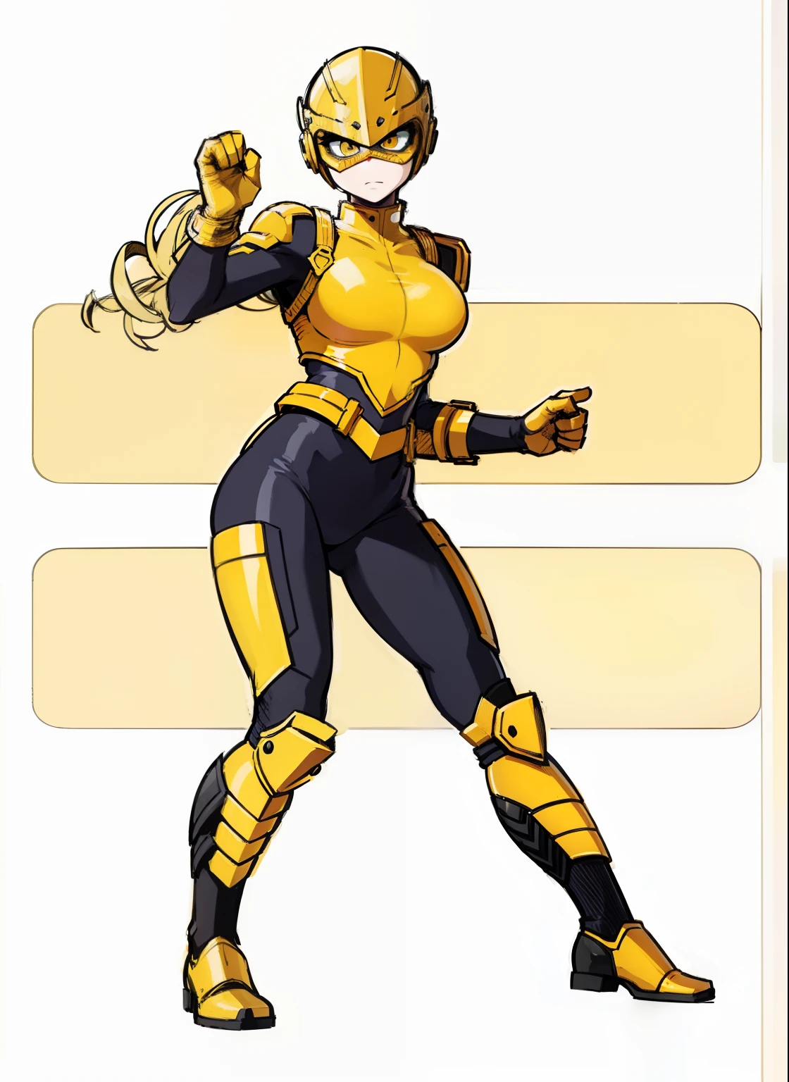 My Hero Academia style, anime Girl, female, trending on artstation pixiv, (full body shot:0.5), wide hips, wide thighs, large breast, head covering, helmet, face covering, mask, hero suit, full body suit, yellow suit, Perfect anatomy, Super Detailed,