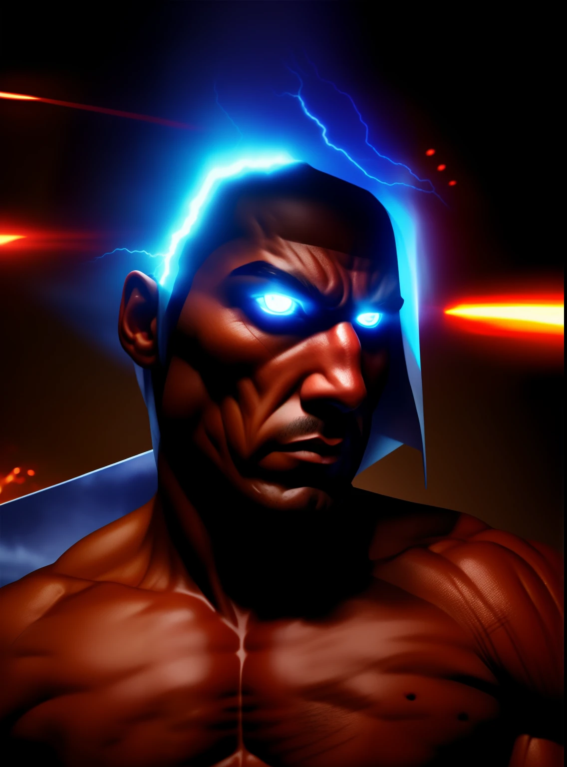 Muscular,Lightning flashed in his eyes,Behind him is a whole bunch of enemies