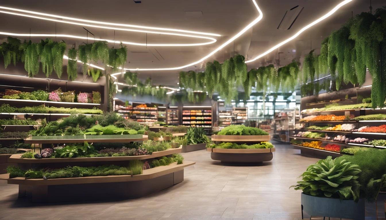 in the store, there is a hart in the middle of a store with shelves, Inside the uninhabited mall, natural inshelves lighting, dense with greenery, green floor, biophilia mood, hyper-realistic environment, natural realistic render, plants and grass, greenery growing, moss on the walls, relaxing environment, with backdrop of natural light, overgrown environment, enscape render, nature taking over, a deer in the middle of the room