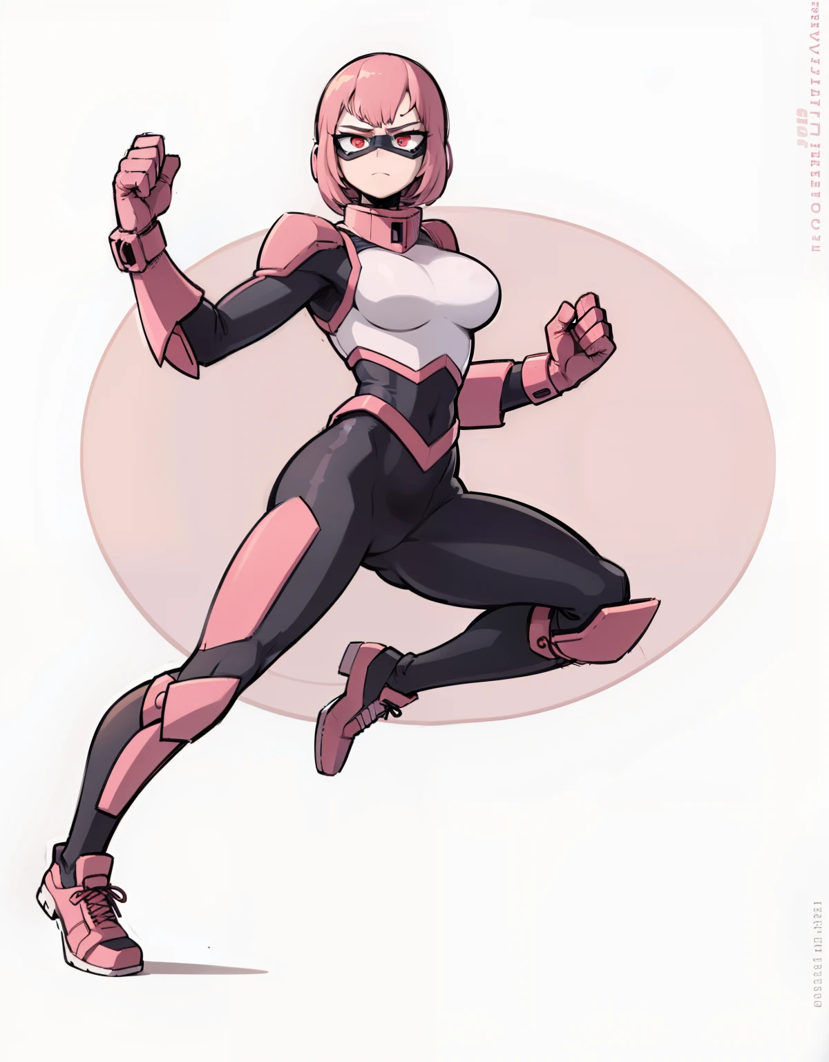 My Hero Academia style, anime Girl, female, trending on artstation pixiv, (full body shot:0.5), wide hips, wide thighs, large breast, head covering, helmet, face covering, mask, hero suit, full body suit, pink suit, Perfect anatomy, Super Detailed,