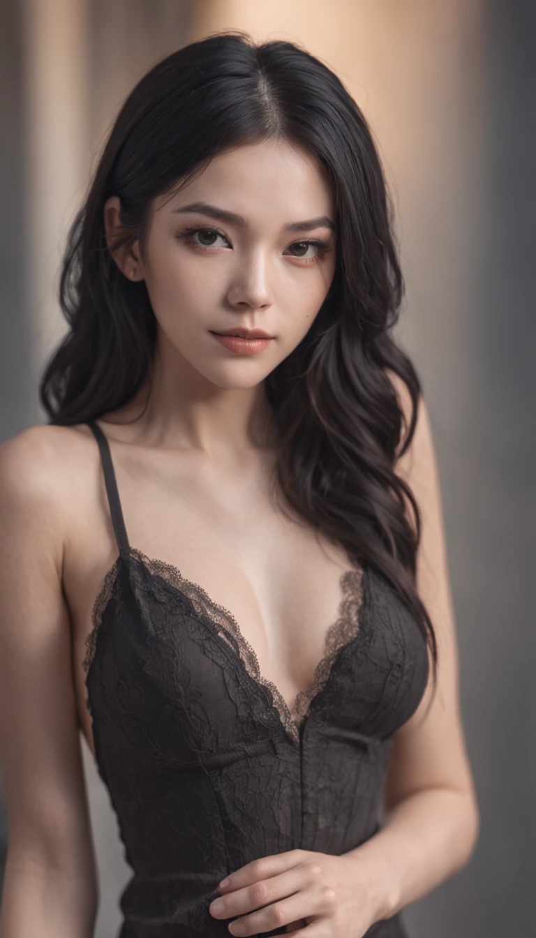 Full length portrait of a topless beautiful girl with black hair in super long underwear、Highly detailed background,Realistic,ultra-detailliert,super detailed skin,light glow,Film grain,Expro II,Lens Flare,Sharpen,cinematic shadow