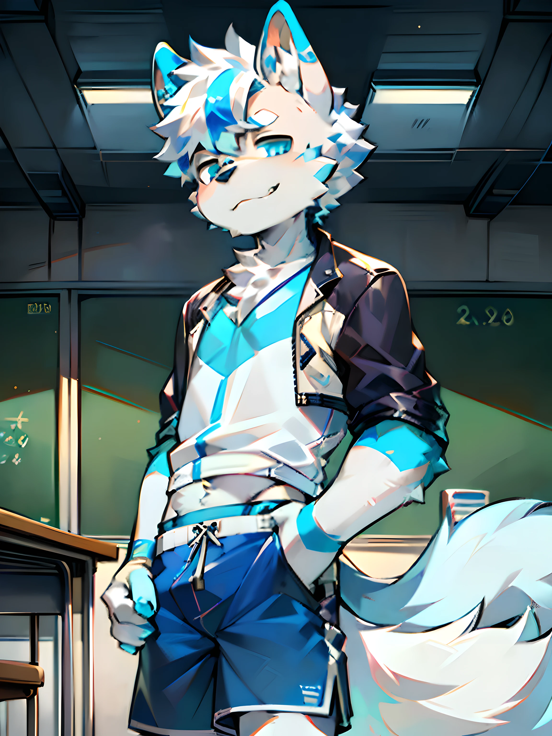 eyes with brightness, in a panoramic view, Character Focus Solo, shaggy, Furry male wolf, White fur for men,blue ear,Blue pattern on the face, blue color eyes, White color hair(The long),Wear blue shorts and shorts,CasualClothing,Young style,Height one meter eight,Handsome, has a tail,high school senior,Classroom