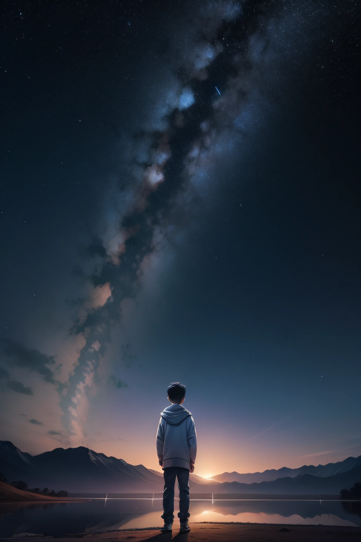 A boy stands quietly under the stars。