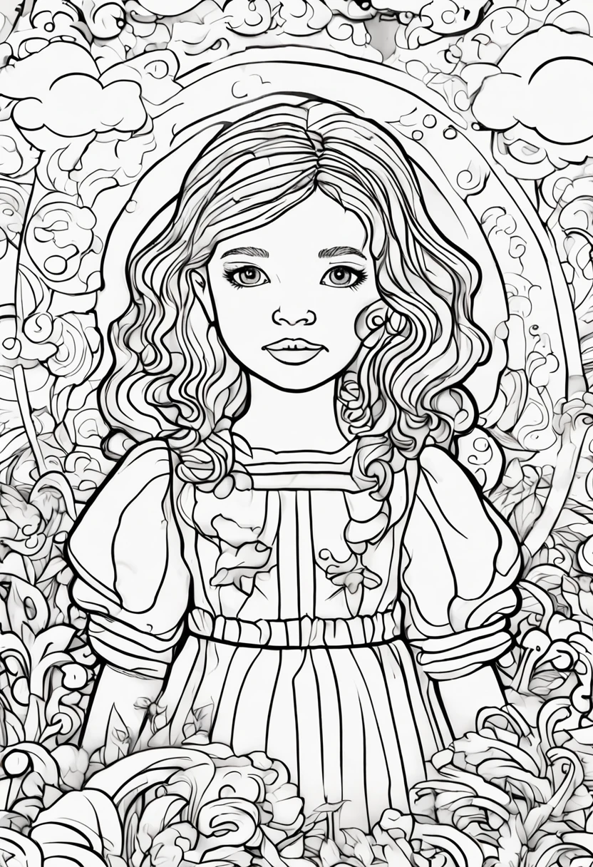 preto&White Contour Art for Kids coloring book page 空と雲, A girl is wearing a dress, Kids coloring pages, branco completo, Children's style, fundo branco, Sketch style,(((((fundo branco))))), Use only the outline, estilo dos desenhos animados, arte de linha, livro para colorir, Arte de linha limpa