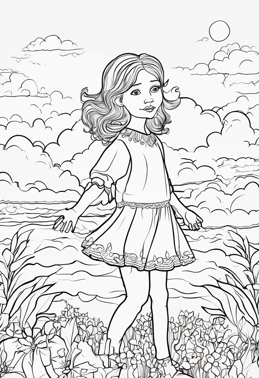 preto&White Contour Art for Kids coloring book page 空と雲, A girl is wearing a dress, Kids coloring pages, branco completo, Children's style, fundo branco, Sketch style,(((((fundo branco))))), Use only the outline, estilo dos desenhos animados, arte de linha, livro para colorir, Arte de linha limpa