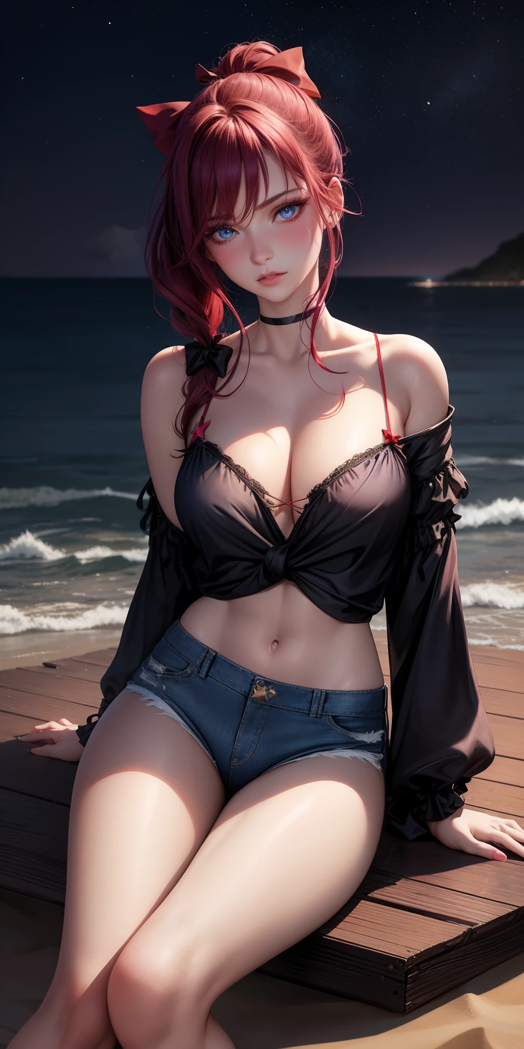 realistic, 1girl 20s, sensual body, hair tied up with a ribbon bow, red violet hair, blue eyes, sparkling eyes, stylish neckline blouse, long ripped jeans, soft makeup, shy, blush, night, stars, moon, moonlight, edge from the sea, sitting, on the sand, looking away, distracted