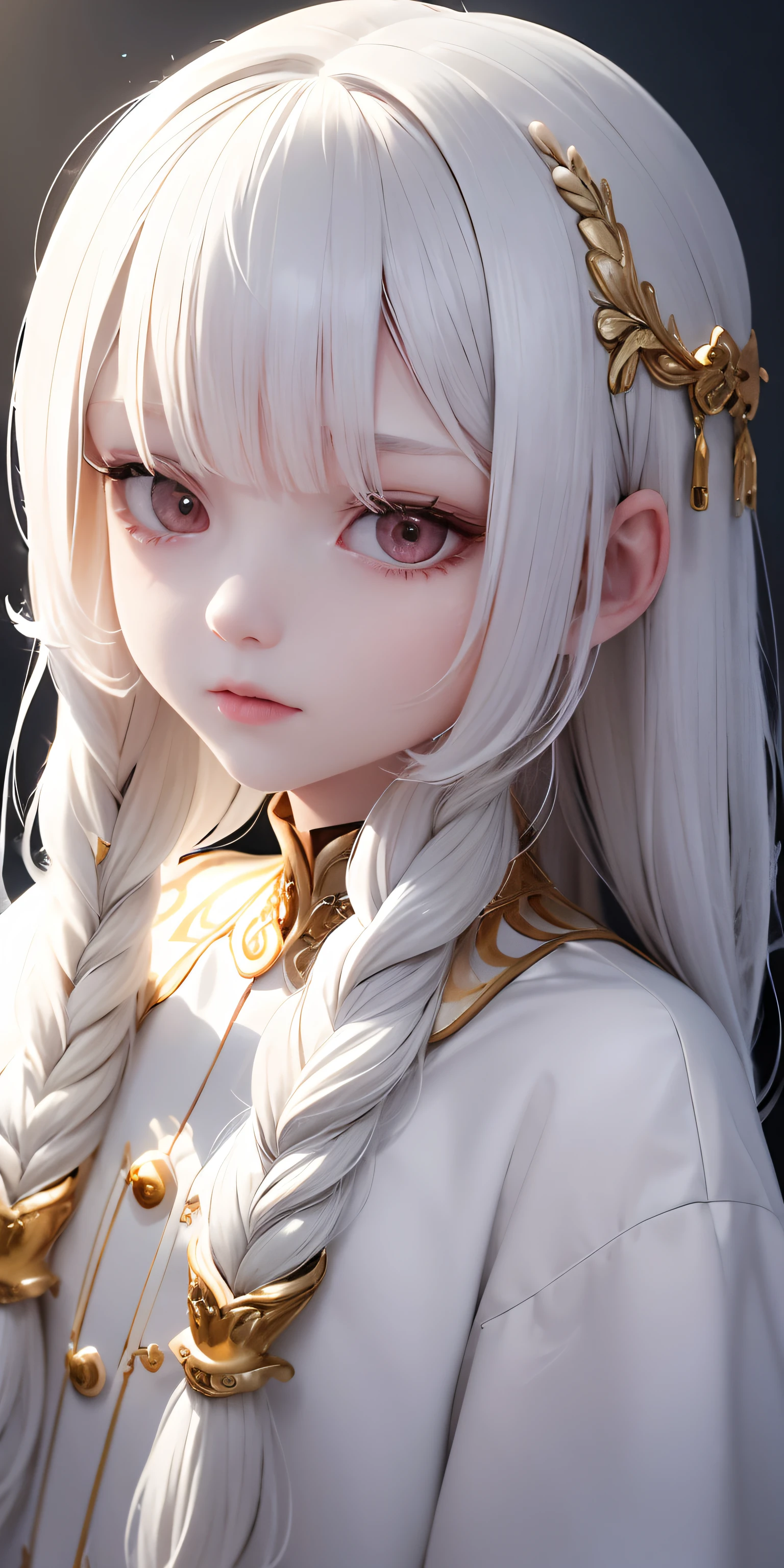 best quality, masterpiece,white hair, gold eyes,white clothes, looking up, upper body,hair strand,Fair skin,side braids