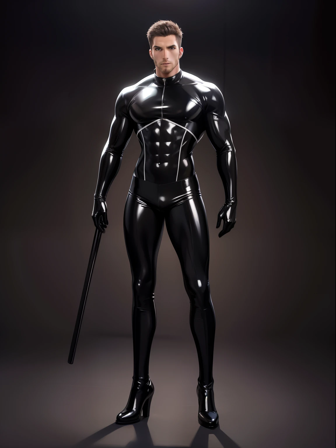 musculature,Shiny black suit 18 cm,Handsome，Full body photo，latex suit，future warrior，sense of science and technology，Long boots，male people，年轻，Muscular body