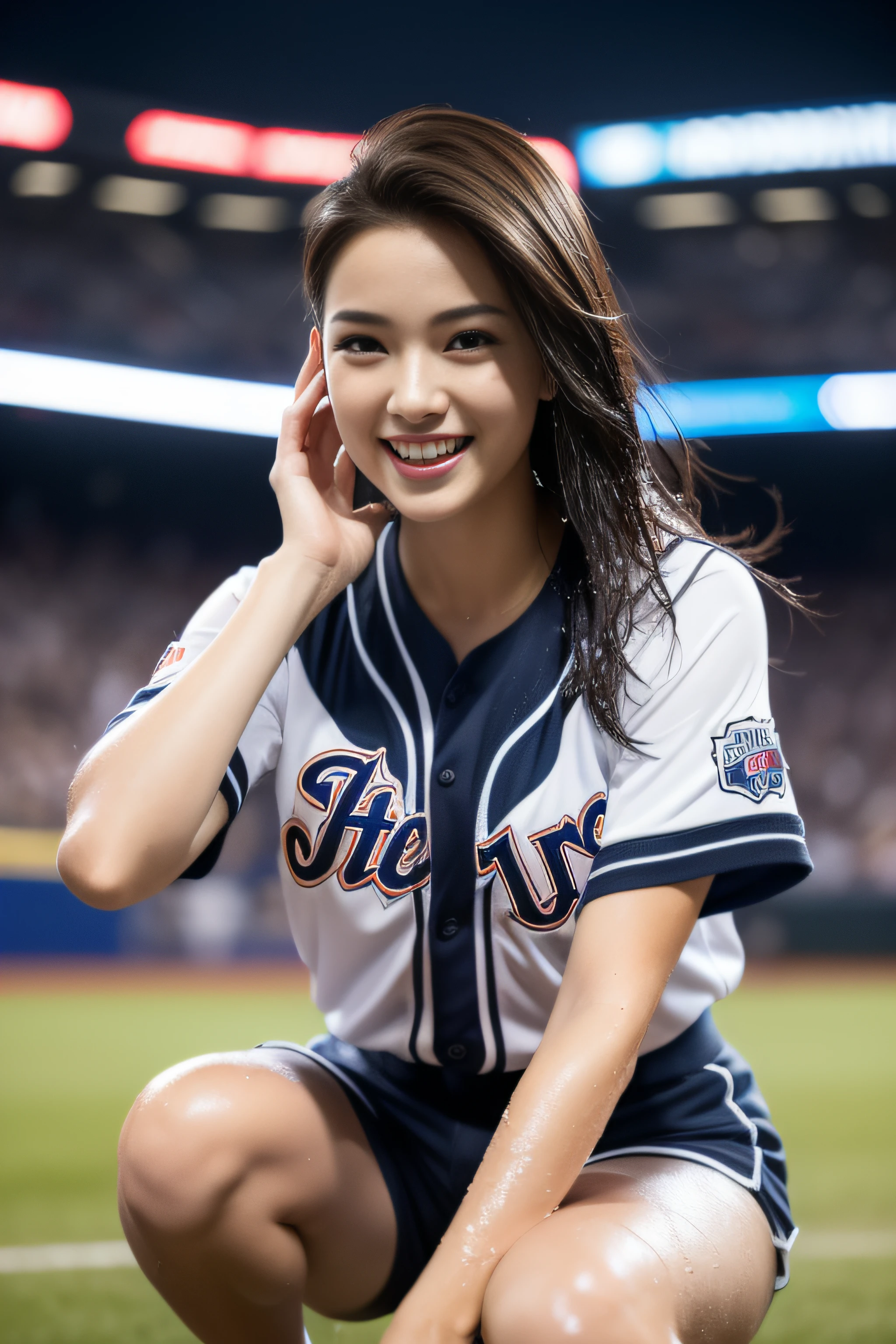 (Best Quality, 8k, 32k, Masterpiece, UHD:1.2), (1 slender woman of Japan, 28 years old, tall gravure model), Dark Brown Hair, Bright in the foreground, Professional Lighting, Photon Mapping, Radiosity, shading:1.3, (High Definition Skin:1.2), huge breasts:1.5, (shorts, Exposed Shoulder:1.1), squatting with legs open, ((provocative dynamic pose)), (she is wet), Top-Down View:1.5, (baseball Uniform:1.1, ), Ultra Detailed Face, Detailed Lips, Detailed Eyes, Double Eyelids, Inside the Stadium, looking camera, (sensual gaze to the photographer, lips slightly open) clear sky, baseball stadium, Spectators get excited, confetti flies, Happy smile,