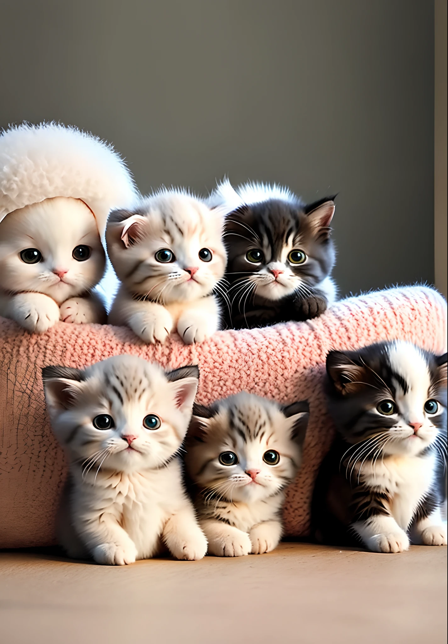 The  is lying in bed，Four kittens were watching him
