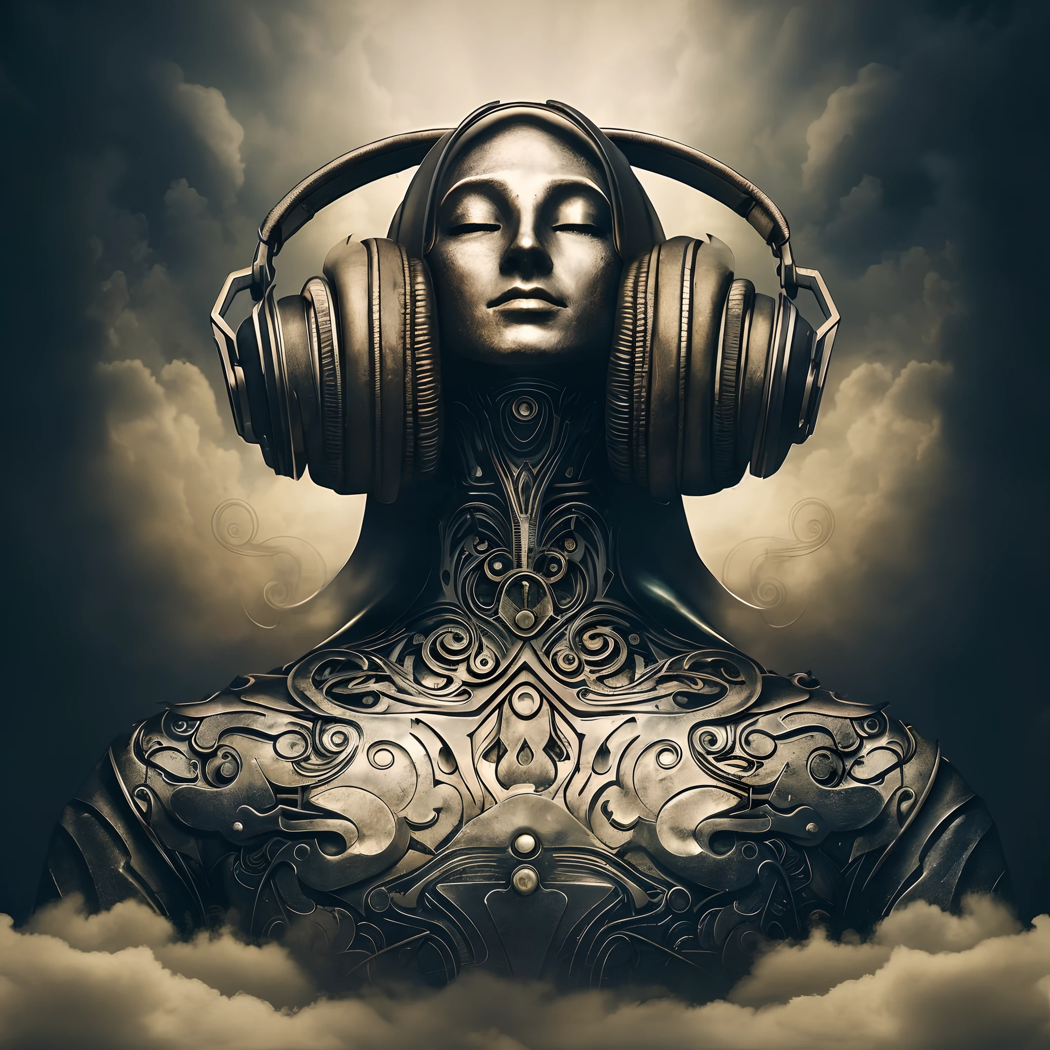 there is a woman with headphones on her head and a cloud behind her, psytrance and giger, the god of music, zen méditation cyberpunk, beautiful biomechanical djinn, psytrance artwork, techno mystic goddess, metal ears, extremely high quality artwork, heavy metal artwork, psytrance, trance music, digital steampunk art, dramatic artwork