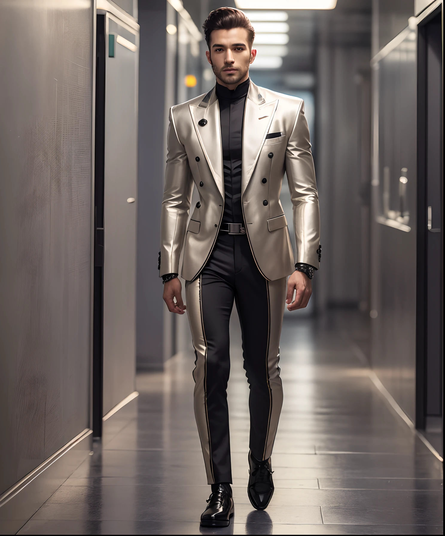 ((Top Quality, 16k, Masterpiece: 1.3)), (full body)), (Textura Facial e de Pele Altamente Detalhadas), (beautiful man) , (futuristic agender clothing haute couture), (hypperrealism), (high resolution), walking in space - --auto --s2