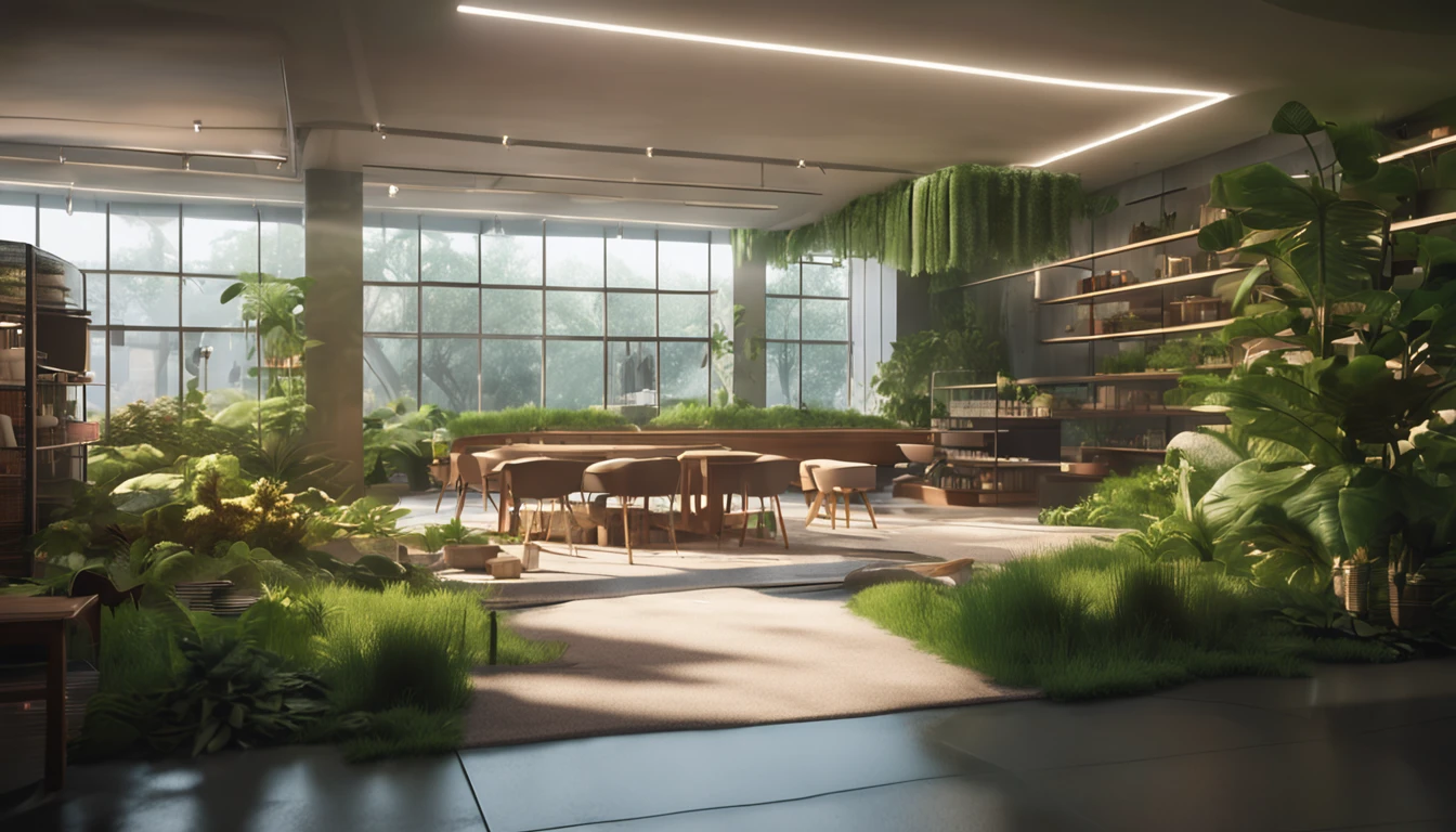 a store, there is a deer in the middle of a room with lots of shelves, There is a lot of grass growing on the ground, Inside the uninhabited mall, natural inshelves lighting, dense with greenery, green floor, biophilia mood, hyper-realistic environment, natural realistic render, plants and grass, greenery growing, moss on the walls, relaxing environment, with backdrop of natural light, overgrown environment, enscape render, nature taking over, a deer in the middle of the room