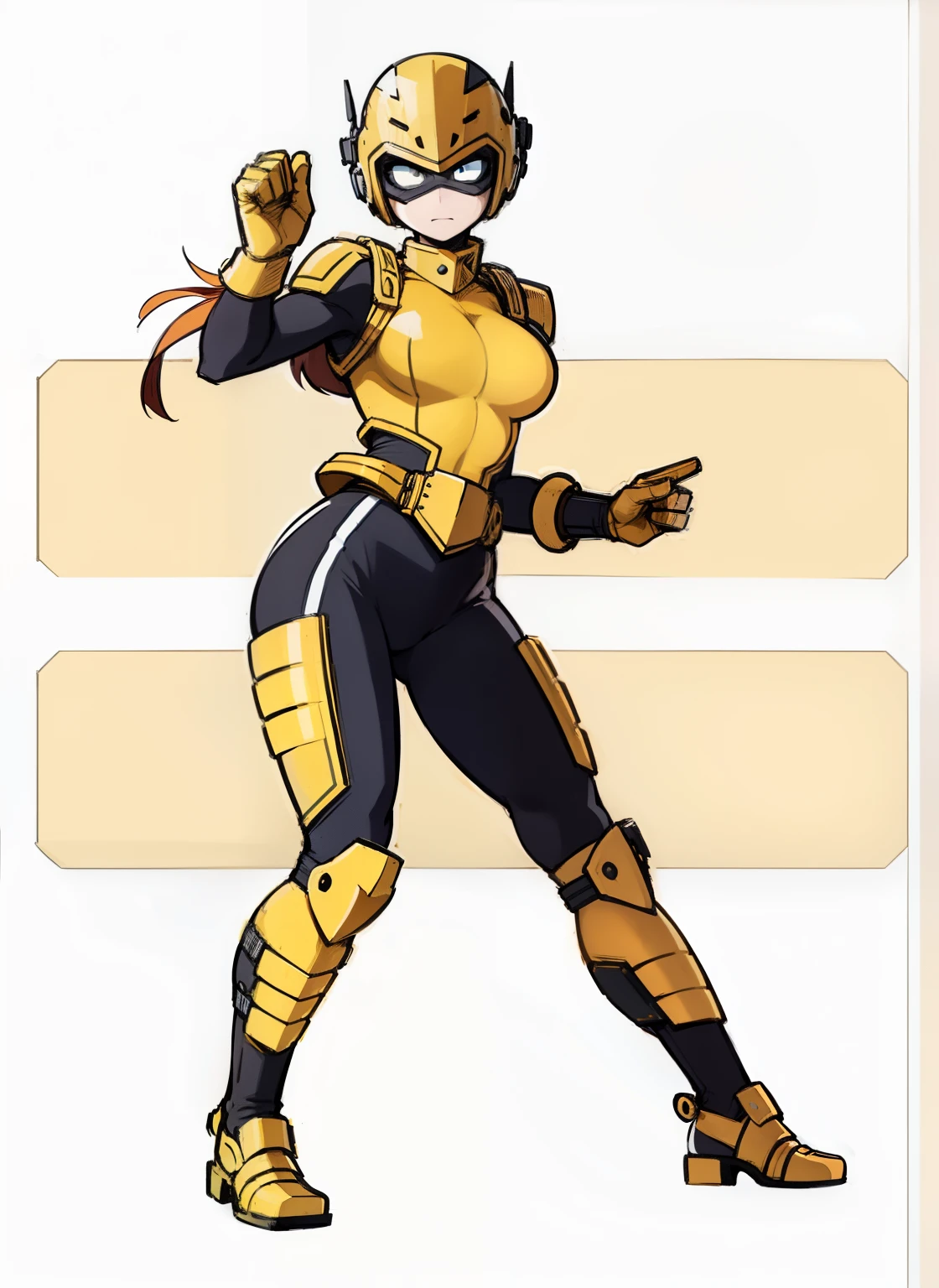 My Hero Academia style, anime Girl, female, trending on artstation pixiv, (full body shot:0.5), wide hips, wide thighs, large breast, head covering, helmet, face covering, mask, hero suit, full body suit, yellow suit, Perfect anatomy, Super Detailed,