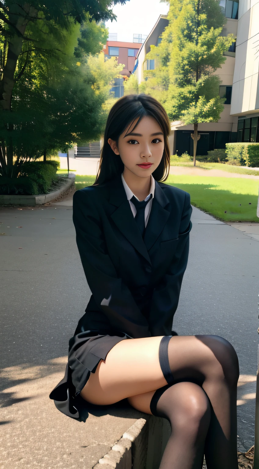 Best quality, full body portrait, delicate face, pretty face, 25 year old woman, slim figure, small bust, OL uniform, office clothes, black stockings, outdoor scene, sitting position