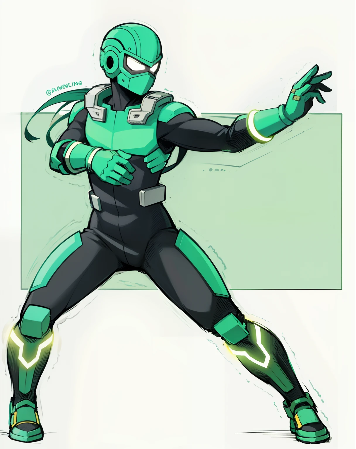 My Hero Academia style, anime boy, male, young male, trending on artstation pixiv, (full body shot:0.5), head covering, helmet, face covering, mask, hero suit, full body suit, green suit, Perfect anatomy, Super Detailed,