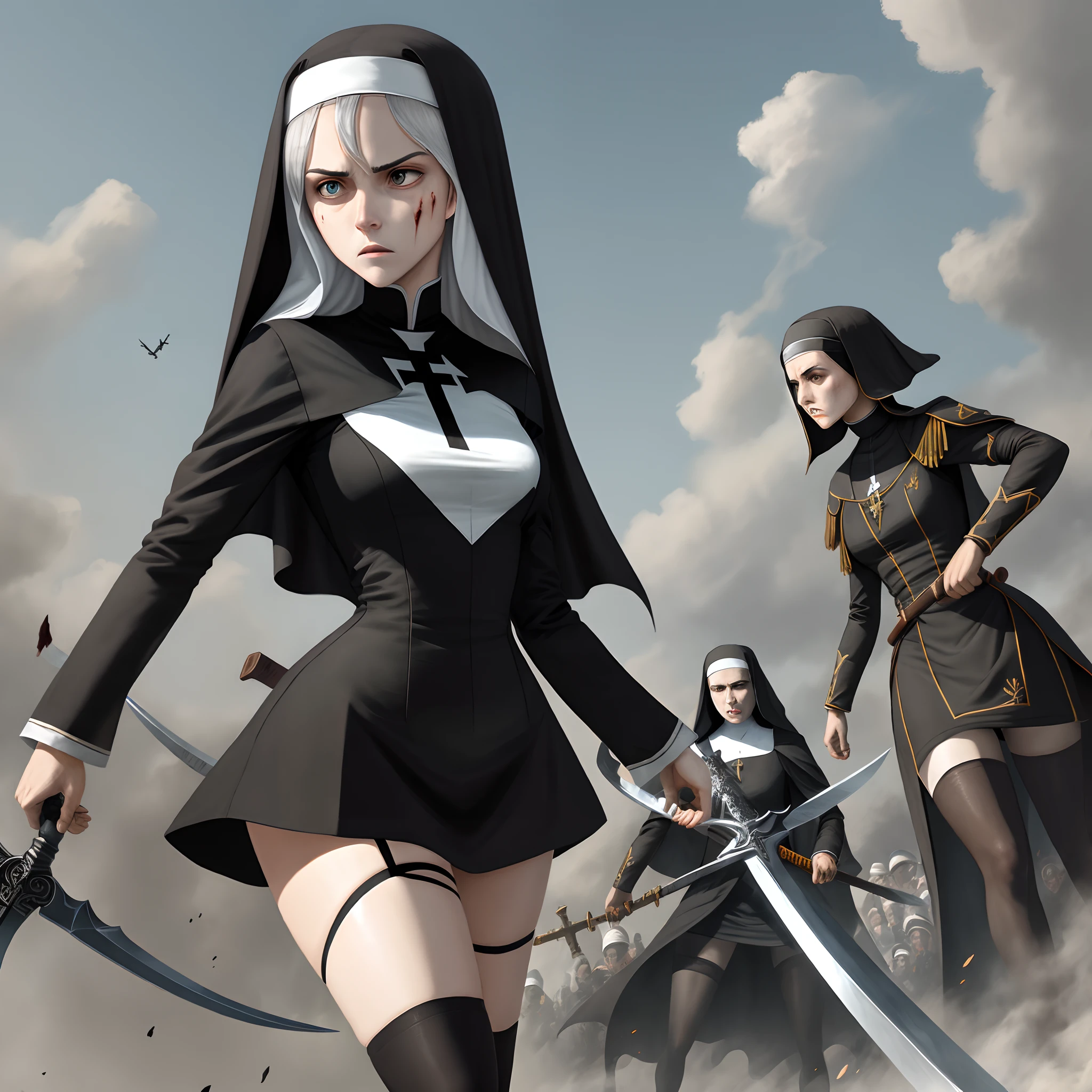 Nun Witch Flat Chest Great War Black Stockings White Stockings Broken Wounded Bleeding Angry Scythe Cross Sword Fight