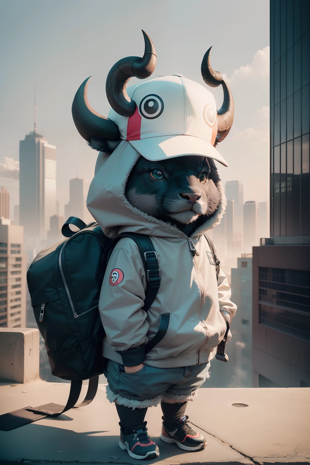 There is a buffalo, wearing a hat with two horns on its head, and dressed in clothes. Resembling a new Pokémon, with a cute style. A ground-type Pokémon. It stands on two legs and is carrying a gray backpack. It's standing on top of a building, surrounded by a cityscape. Its cute stubborn face is endearing. The dominant color scheme is gray-blue. It belongs to the bread-type Pokémon category, with Ken Sugimori's art resembling that of Pokémon, as seen on bulbapedia, Black and gray clothes,