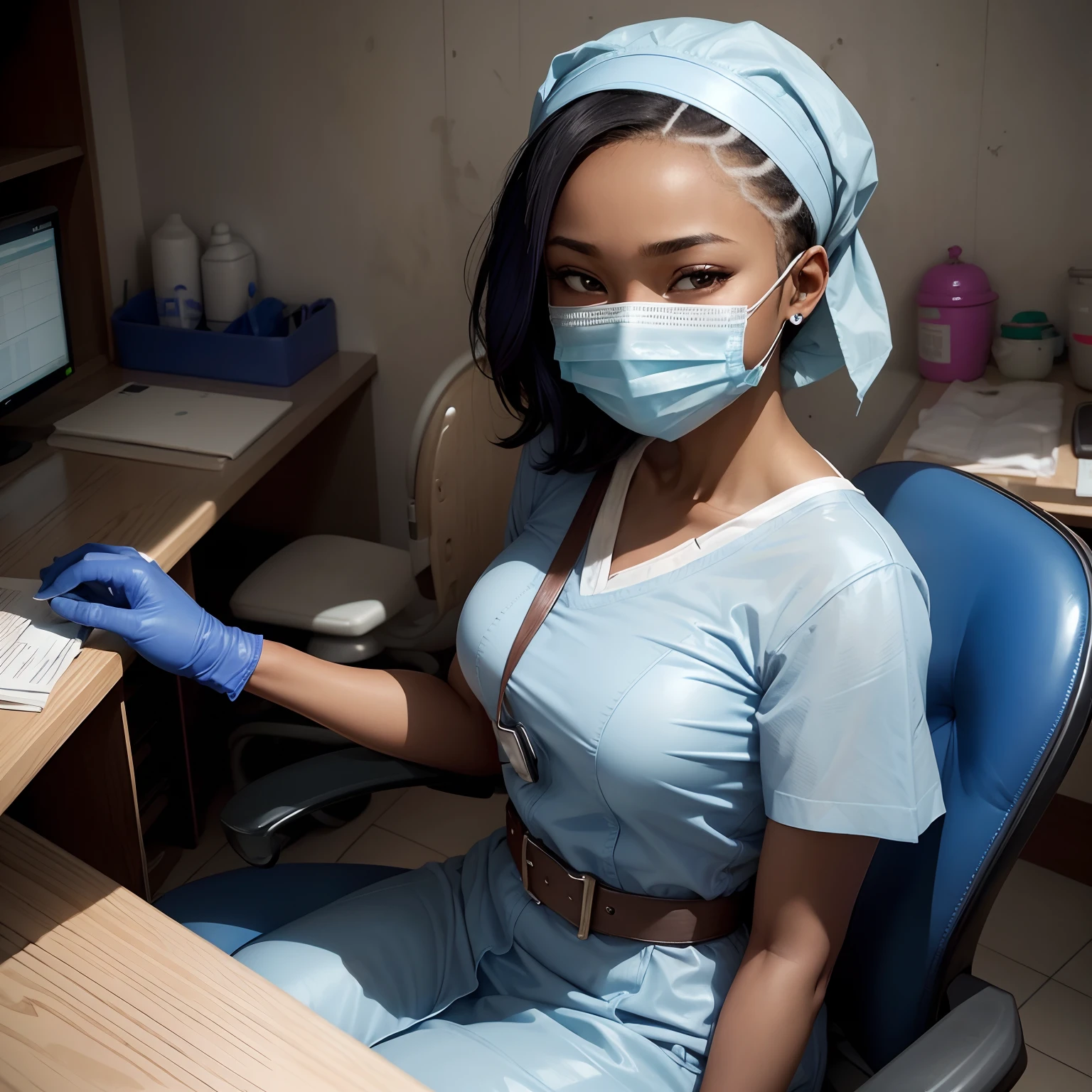 Women in Nigeria、20yr old、Cool gaze、Human skin feel、Realistic Woman、Blue paper apron and white scrub、Dental Hygienist、dentistry、dentist、clinic、Solo Shot、short-cut、surgical mask、masks、gloves、rubber glove、