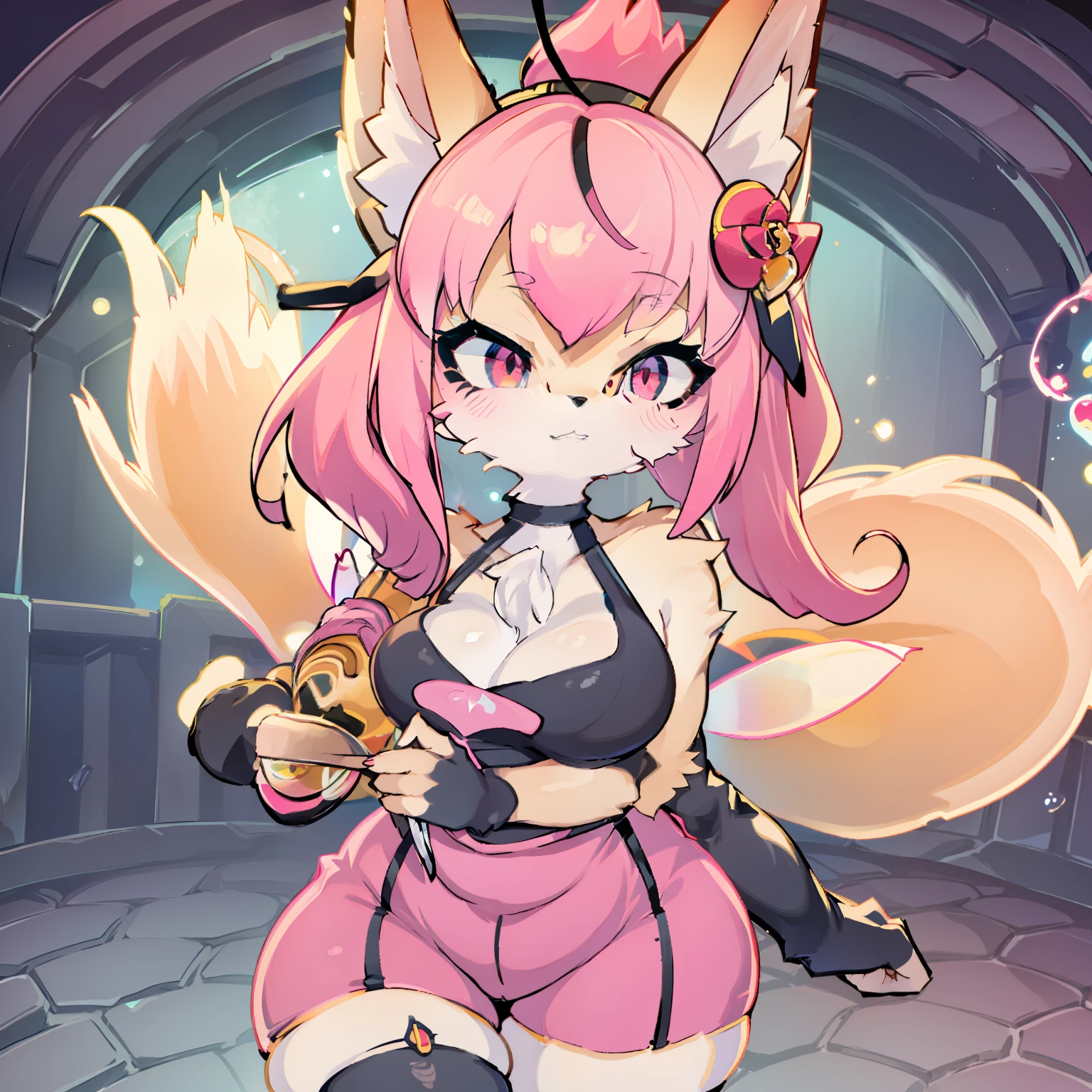 Queen Bee (Helluva Boss), 1girl, you anthro, humanoid, long liquid honey hair, multicolored hair (blue and pink), four arms, tail, long eyelashes, yellow fur, long ears, red eyes, fairy wings, fox, detailed eyes, furry, pink clothes, perfect anatomy, light pink shorts, black stockings, pink sholder crop-tops, black low-cut bra