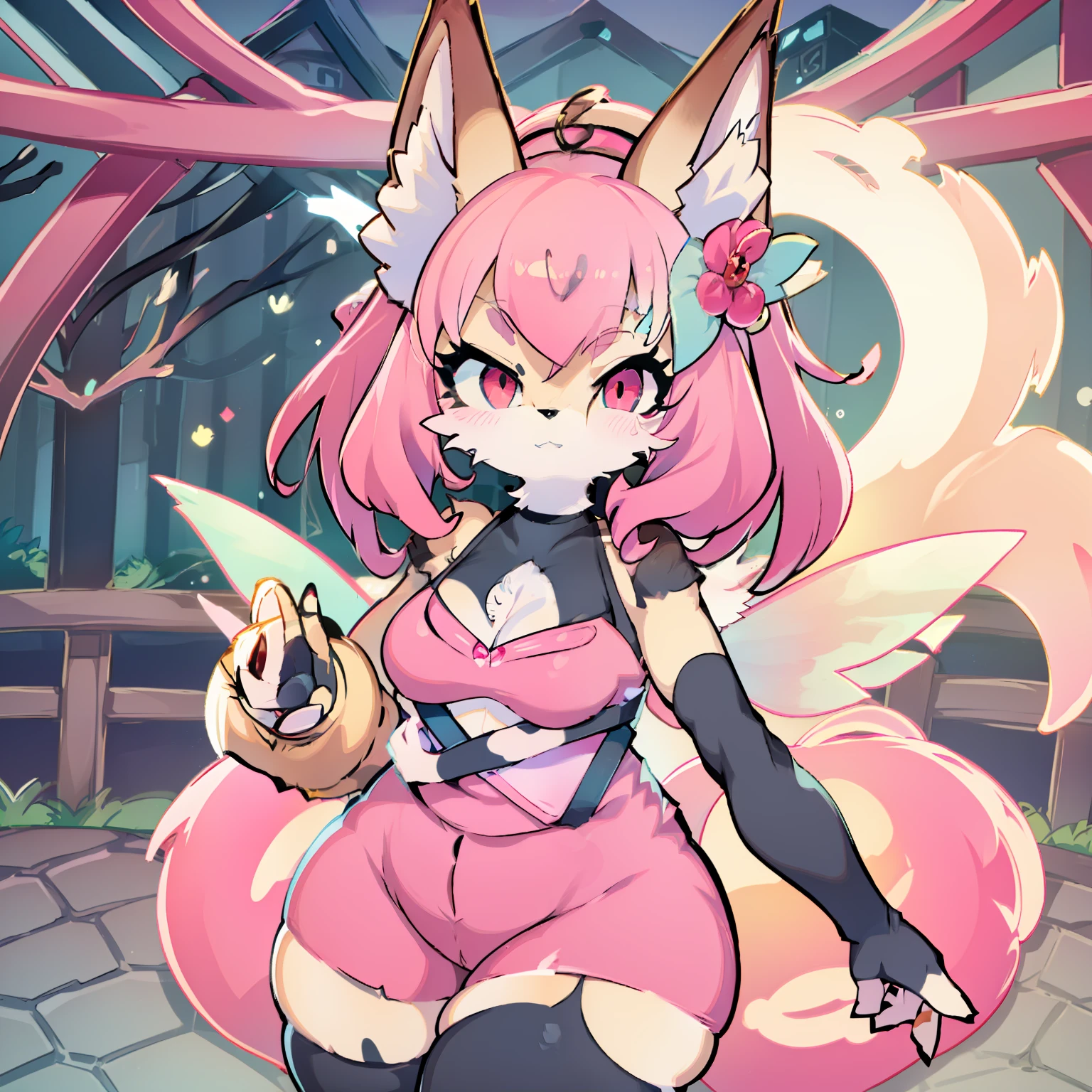 Queen Bee (Helluva Boss), 1girl, you anthro, humanoid, long liquid honey hair, multicolored hair (blue and pink), four arms, tail, long eyelashes, yellow fur, long ears, red eyes, fairy wings, fox, detailed eyes, furry, pink clothes, perfect anatomy, light pink shorts, black stockings, pink sholder crop-tops, black low-cut bra