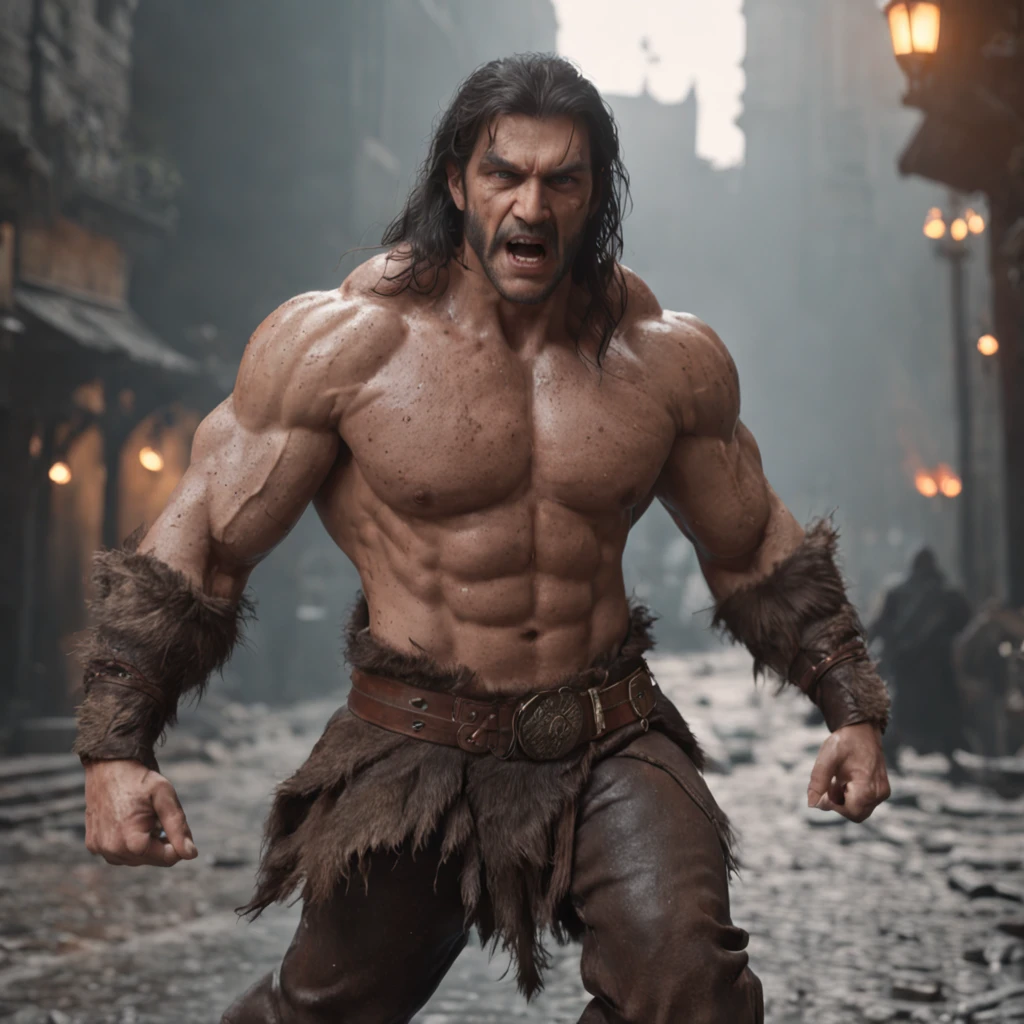 (professional 3d render:1.3) af (Realistic:1.3) most beautiful artwork photo in the world,Features soft and shiny male heroes, ((Epic hero fantasy muscle man rough wet hero angry looking long hair short beard and ferocious expression in dynamic pose, Fantastic location, Majestic cluttered environment)), Full body 8K unified rendering, action shot, skin pore, very dark lighting, heavyshading, Detailed, Detailed face, (vibrant, photograph realistic, Realistic, Dramatic, Dark, Sharp focus, 8K), (Old leather garments damaged by weathering:1.4), ((((Wear fur)))), (Intricate:1.4), decadent, (Highly detailed:1.4), Digital painting, rendering by octane, art stations, concept-art, smooth, Sharp focus, illustration, Art germ, (loish:0.23), wlop ilya kuvshinov, and greg rutkowski and alphonse mucha gracias, (Global illumination, Studio light, volumettic light), heavy rain, particles floating, lotr, fantasy, elf, full bodyesbian, ((Dark and ancient city background:1.3)),CGSesociety,art stations