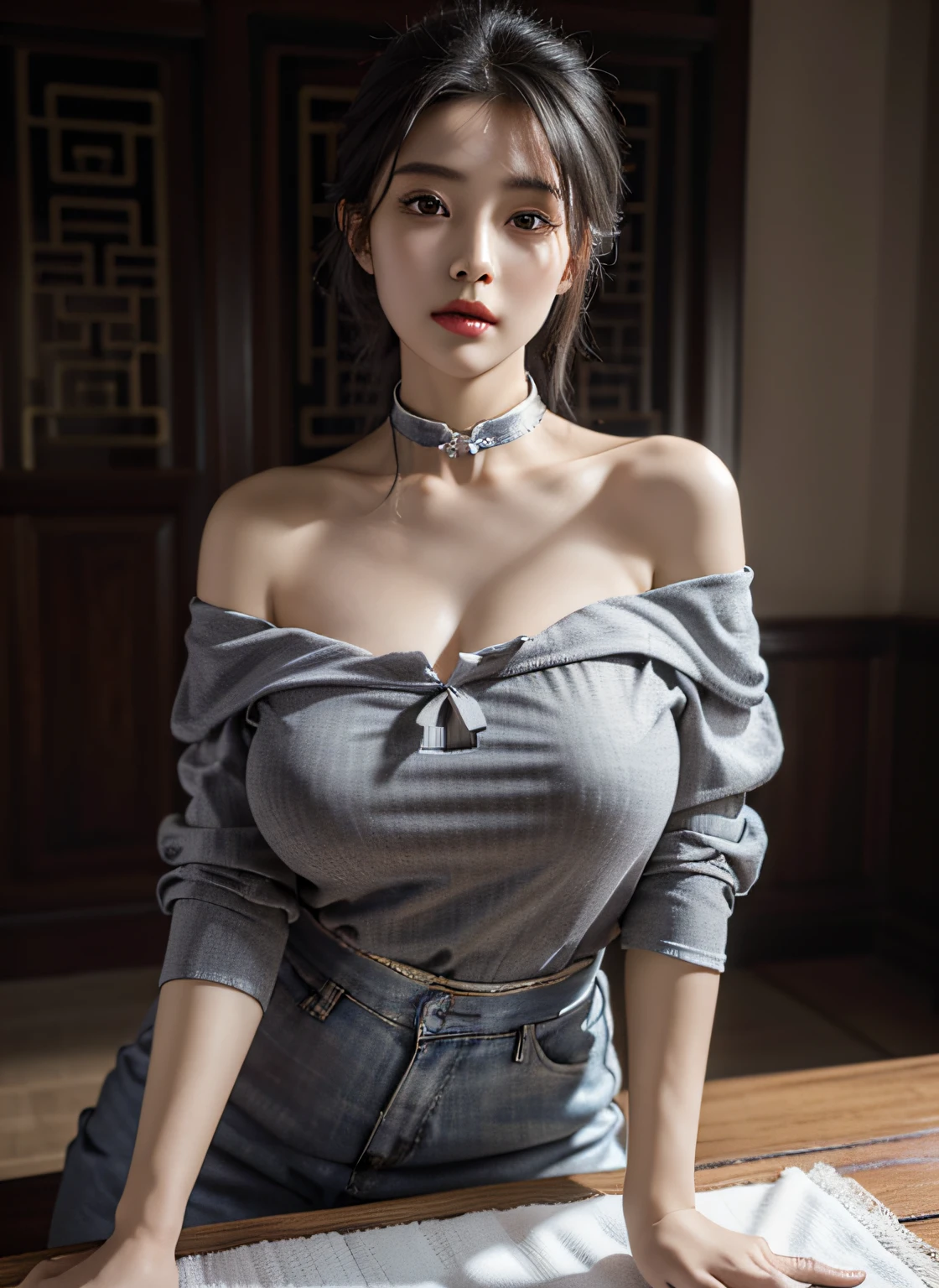 best quality, masterpiece, ultra high res, (photorealistic:1.4), 1girl, off-shoulder shirt, ((traditional chinese dress:1)), black choker, (faded ash gray hair:1), (huge breasts:1.2), looking at viewer, closeup,