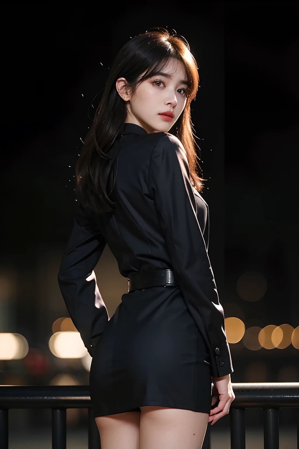 top-quality、masterpiece、illustratio、(Full body), extremely delicate and beautiful、posterior view、Standing、(with spreading legs: 1.3)、(Business suits: 1.3)、Jacket, (tight skirts: 1.4)、Long legs, Red belt、Looking back、ighly detailed、nffsw、Unity、8k wallpaper、astonishing、finely detail、Highly detailed ticker Unity 8K wallpapers、ighly detailed、hight resolution、Handsome detailed woman、extremely detailed eye and face、 Stunning detailed eyes、Facial light、(The best illustrations:1.1)、(Best Shadows:1.1)、超A high resolution、(Photorealsitic:1.1)、(Photorealistic 1.2:1.1)、Realistic facial proportions、Slimed、(makeups:0.4)、(fluffy black eyes:1.21)、Black eyes、Look at viewers、dark brown hair、耳环、a necklace、hair pin、cowboy shot、(Irregular irregular skin defects、vein、Wrinkled pores on the skin:1.2)、(Dark night background: 1.2)、(bokeh dof:1.4)、Black heels、Town