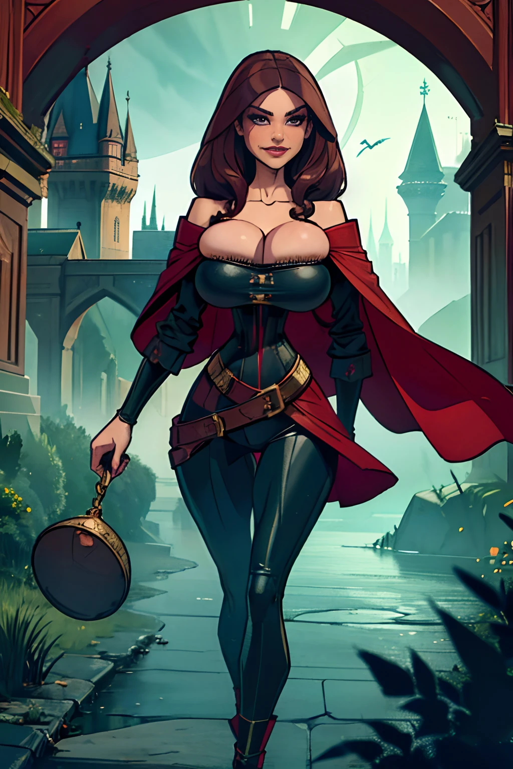 (masterpiece, top quality, best quality, official art, beautiful and aesthetic:1.2), (1girl:1.3), long and curly dark brown hair, extremely detailed, portrait, looking at viewer, solo, (full body:0.6), detailed background, close up, mischievous eyes, (warm summer castle theme:1.1), sorceress, charlatan, smirk, mysterious, walking in courtyard, revealing ((dark red)) sorcerer attire, red knee-length red skirt, off shoulder, straps, long sleeves, loose sleeves, cloak, corset, black leggings, black trousers, black pants, long brown boots, buckles, straps, pouches, magic energy, red fabric, white trim, gigantic breasts, cleavage, skindentation, slim waist, slim hips, long legs, medieval (castle exterior:1.1) background, dark mysterious lighting, shadows, magical atmosphere, dutch angle, (((balsamique)))