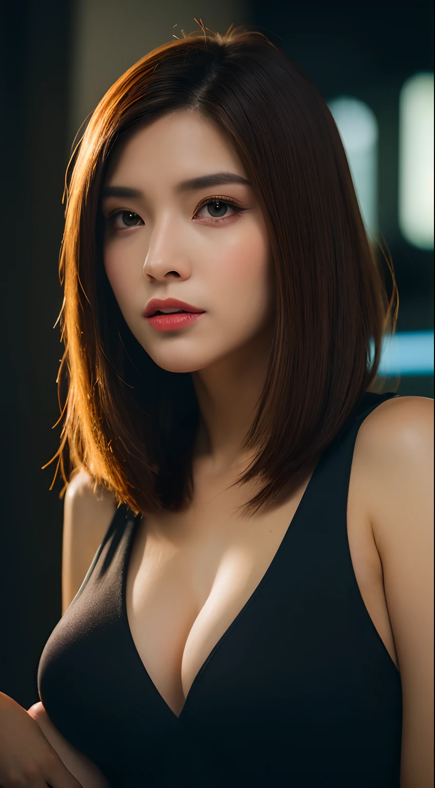 ((Best quality, 8k, Masterpiece :1.3)), Sharp focus :1.2, Perfect body beauty: 1.4, Slim abs: 1.2, ((Dark brown hair, Big breasts: 1.2)), (Natural light, City street: 1.1 ), highly detailed facial and skin textures, detailed eyes, double eyelids, (((Dynamic Angle))), cyberpunk custome, appocalyp city, dark mood, neon adv surrounding