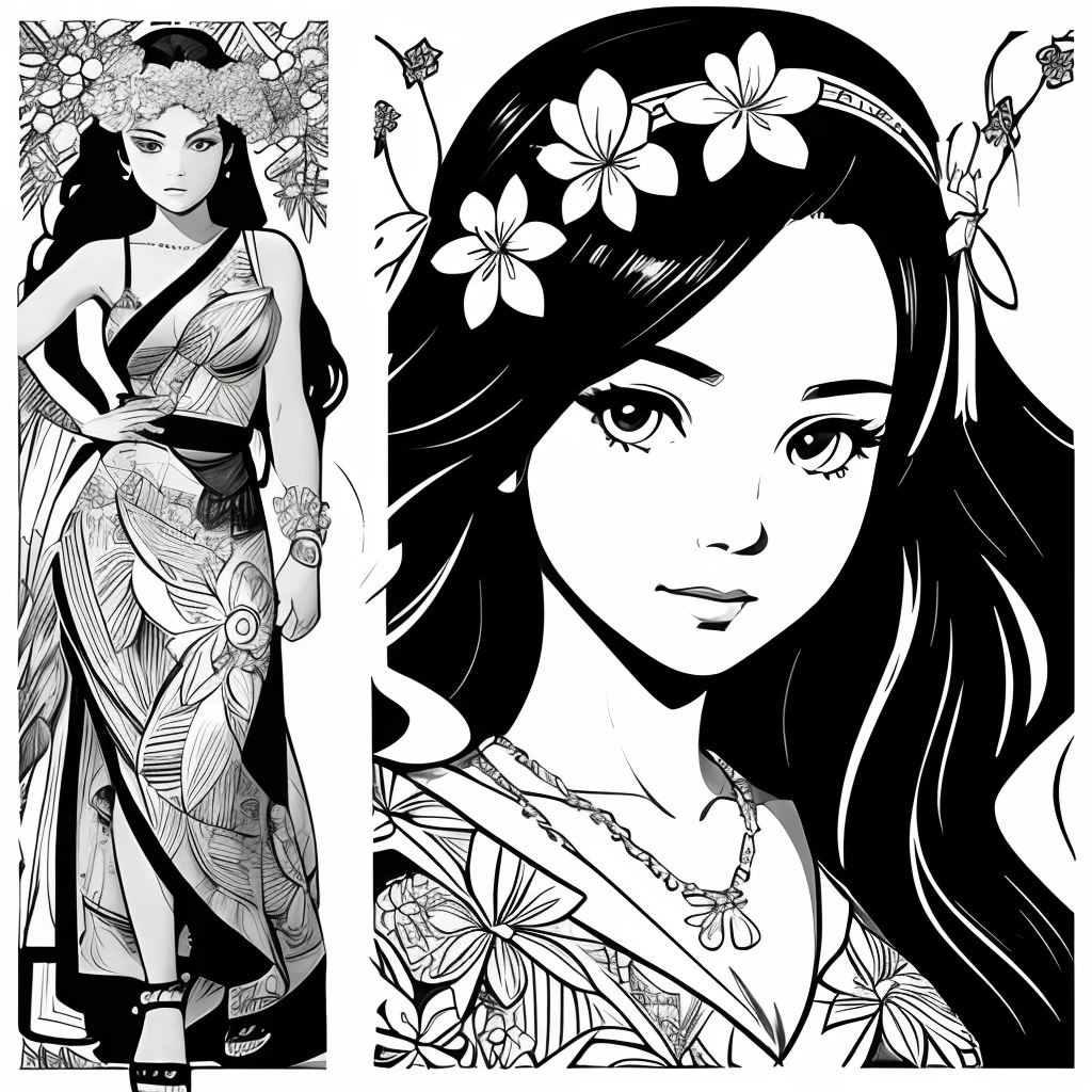 Black and white stick figure 1 girl with bluebelle flowers in background, loli in dress with flowers, its fine ink line art, comic style, portrait of polynesian girl, Marilyn Munroe, Hollywood glam, beautiful line art, black and white comic style, manga style, manga art style, pencil and ink caricature drawing, black and white coloring