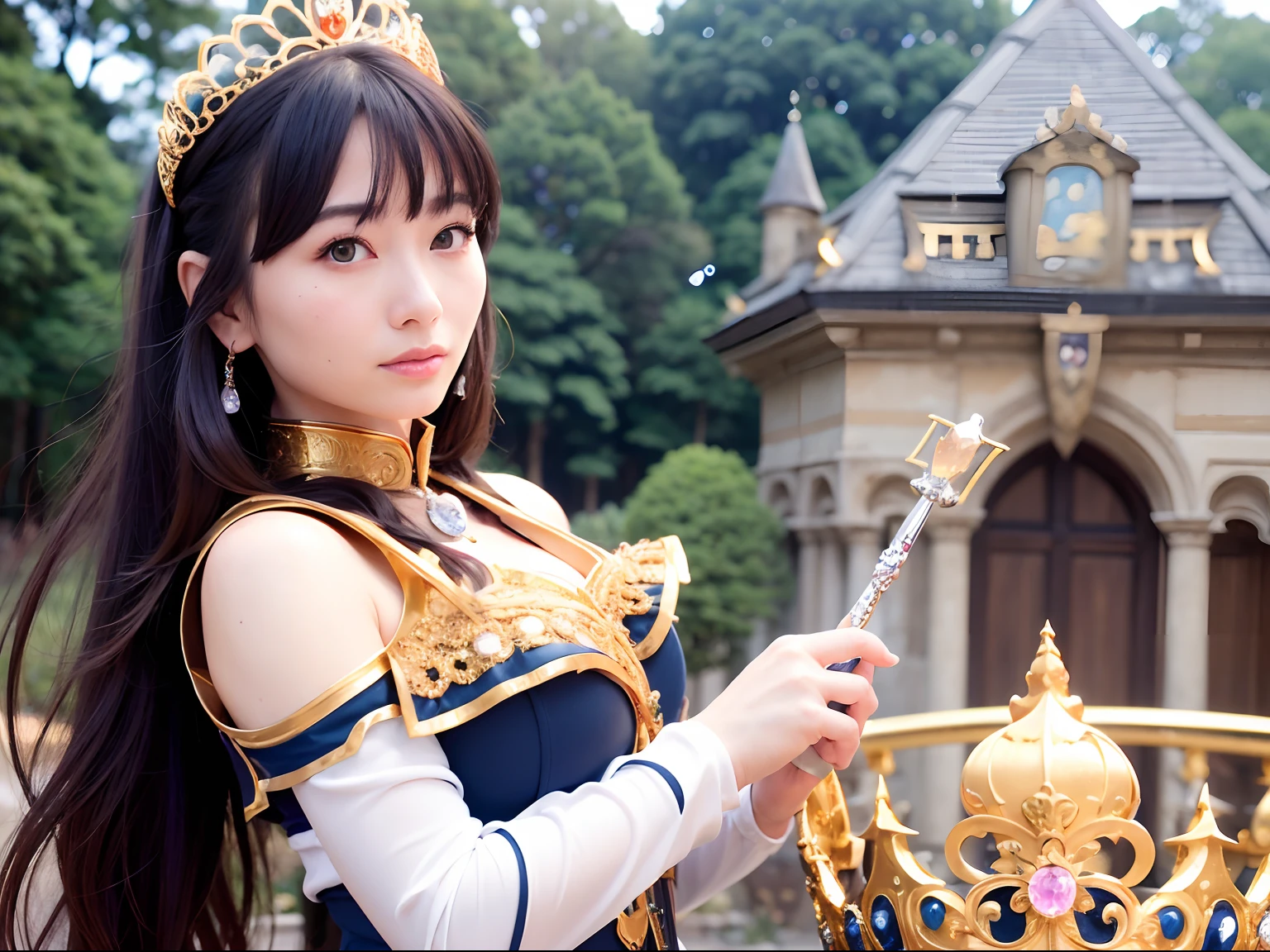 (masutepiece), Professional , ​masterpiece、top-quality、photos realistic , depth of fields （Gemstone Silver Metal Body:1.９),(Matte White、Jewel Gold Weapon、（Gorgeous castle background）、（ultimate beauty girl）、（Jewel Metal Body:1.４),Gorgeous Jewel Metal Weapons , Detailed Sword of the Brave ,（ Soldier background in metal armor）   ,warhammer 40k , adepta sororitas,Detail and ornate jewel crown、独奏、Black hair、（Gangle's forest background）、Beautiful Caucasian beauty、１a person、dynamic ungle,(((Diamond tiara with detail and luxury)))、a small face、A smile、Powerful poses、（Gorgeous castle background）、huge filesize、20 year old beautiful woman、Stand in the center of the screen、Thin female fingers、Straight long hair、Beautiful Caucasian beauty、Whole body、,Luminescent particles,light scattering,Tindall Effect、