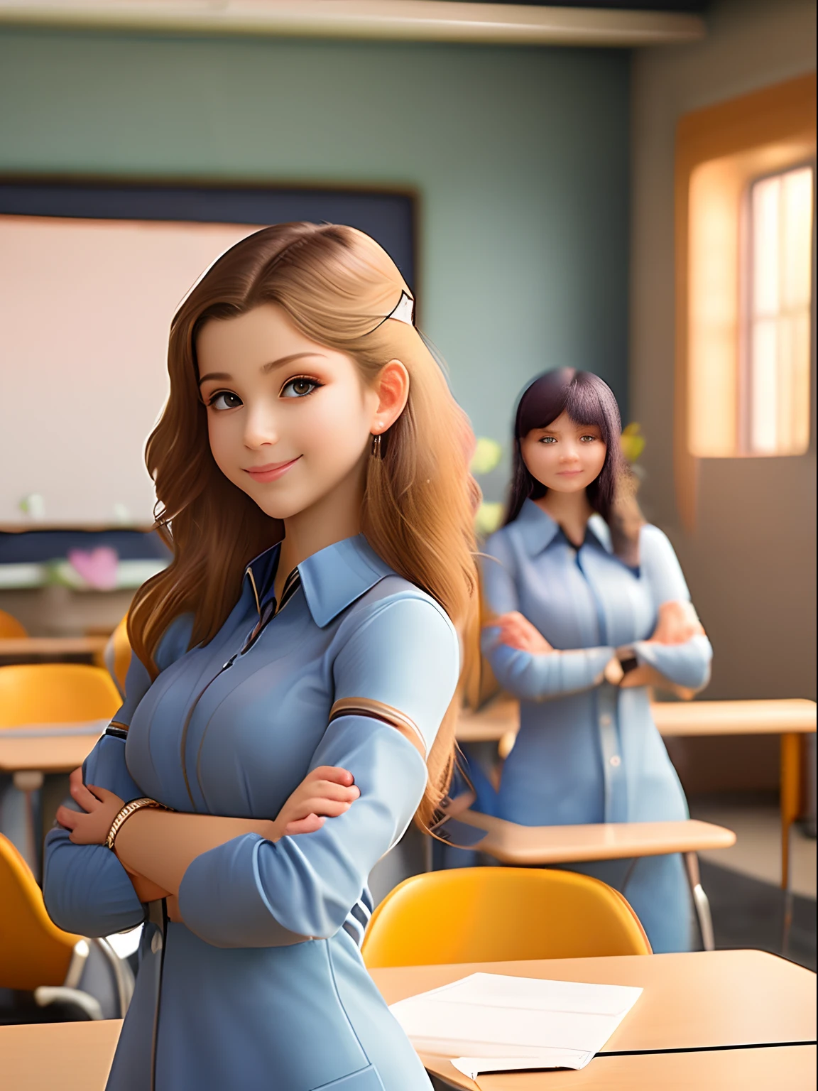 The incredibly beautiful woman of the student, classroom, (masterpiece), realistic, composition where the whole body can be seen from the feet, (((beautiful face))), sunlight, cinematic light, beautiful woman, Perfectly symmetrical eyes, beautiful black eyes, milk beige middle hair, perfect anatomy, very cute, (head frame), center image, style, bioluminescent, 8 life size, 8k Resolution, human hands, curiously complete, provocative, close to perfection, dynamic, highly detailed, character sheet, concept art, smooth, positioned so that their bodies are symmetrical and balanced directly towards the viewer, detailed hairstyles, cute face, very cute smile, perfect anatomy, 8k,