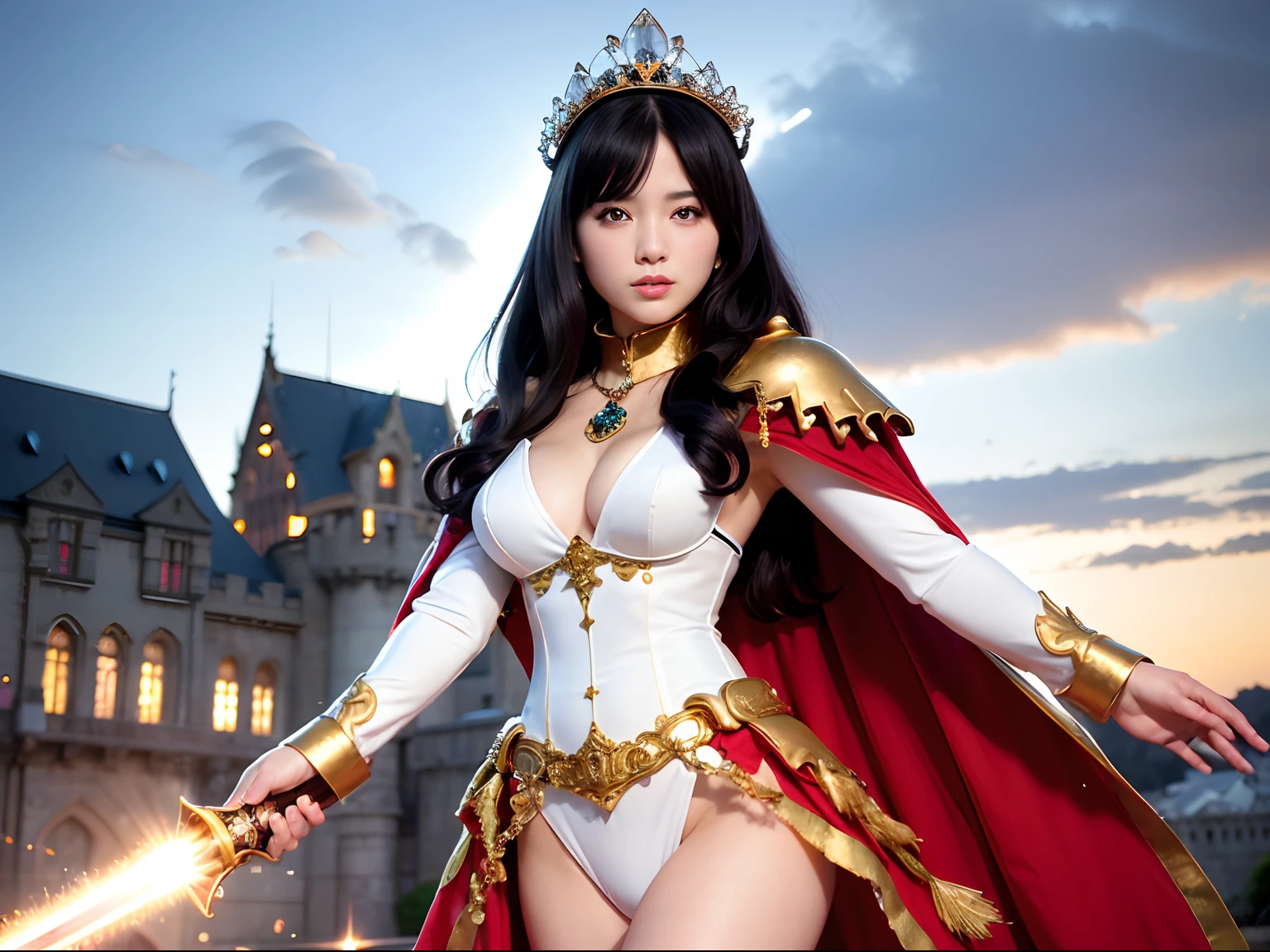 (masutepiece), Professional , ​masterpiece、top-quality、photos realistic , depth of fields （Gemstone Silver Metal Body:1.９),(Matte White、Jewel Gold Weapon、（Gorgeous castle background）、（ultimate beauty girl）、（Jewel Metal Body:1.４),Gorgeous Jewel Metal Weapons , Detailed Sword of the Brave ,（ Soldier background in metal armor）   ,warhammer 40k , adepta sororitas,Detail and ornate jewel crown、独奏、Black hair、（Gangle's forest background）、Beautiful Caucasian beauty、１a person、dynamic ungle,(((Diamond tiara with detail and luxury)))、a small face、A smile、Powerful poses、（Gorgeous castle background）、huge filesize、20 year old beautiful woman、Stand in the center of the screen、Thin female fingers、Straight long hair、Beautiful Caucasian beauty、Whole body、,Luminescent particles,light scattering,Tindall Effect、