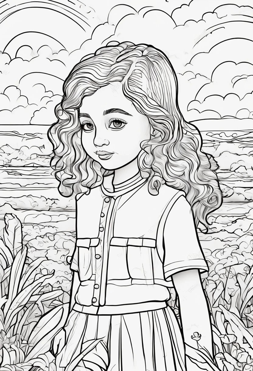 Black&Kids coloring book page white outline art for sky and clouds, One girl is wearing a dress, Children coloring pages, Full White, Kids Style, White background, Sketch style,(((((White background))))), Use outlines only, Cartoon style, line-drawing, coloring book, clean line drawings