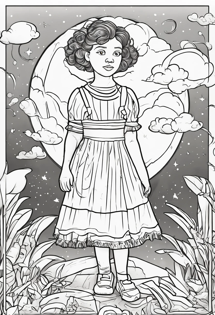 Black&Kids coloring book page white outline art for sky and clouds, One girl is wearing a dress, Children coloring pages, Full White, Kids Style, White background, Sketch style,(((((White background))))), Use outlines only, Cartoon style, line-drawing, coloring book, clean line drawings