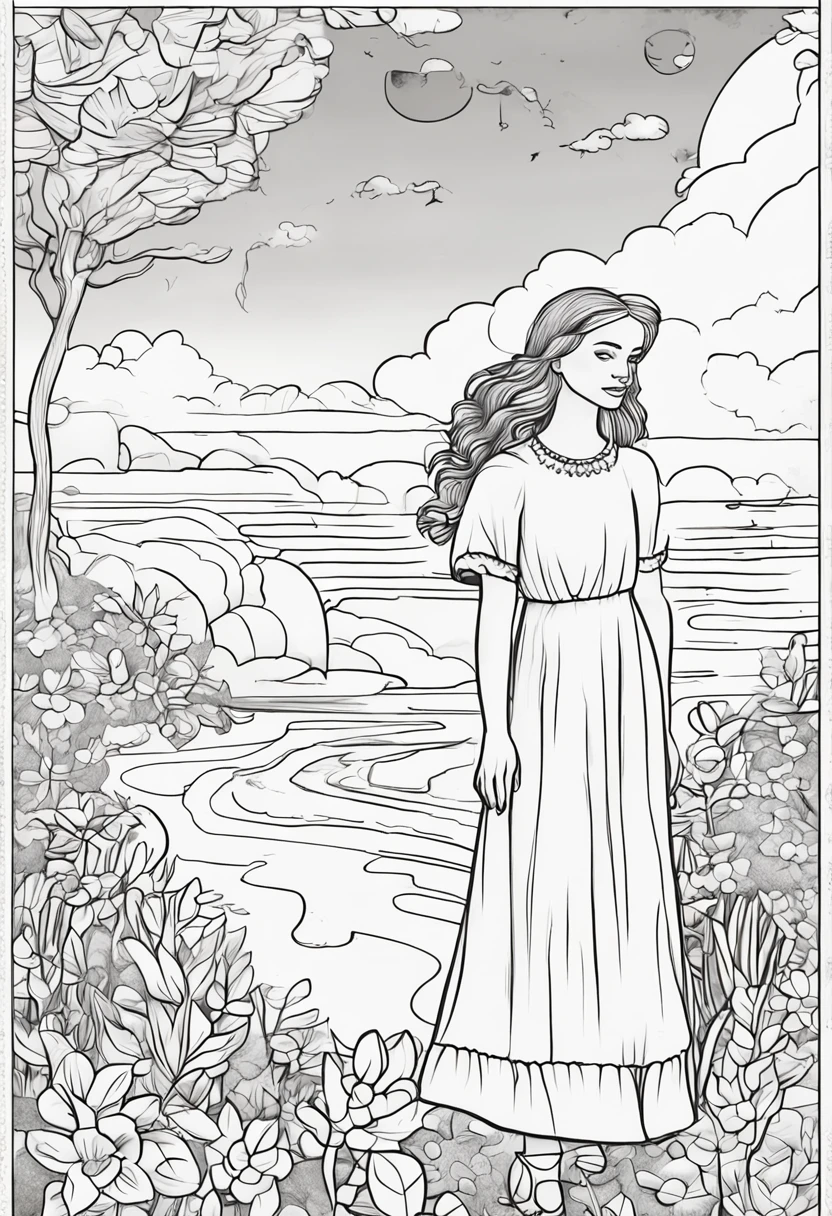 Black&Kids coloring book page white outline art for sky and clouds, One girl is wearing a dress, Children coloring pages, Full White, ???? Style, White background, Sketch style,(((((White background))))), Use outlines only, Cartoon style, line-drawing, coloring book, clean line drawings
