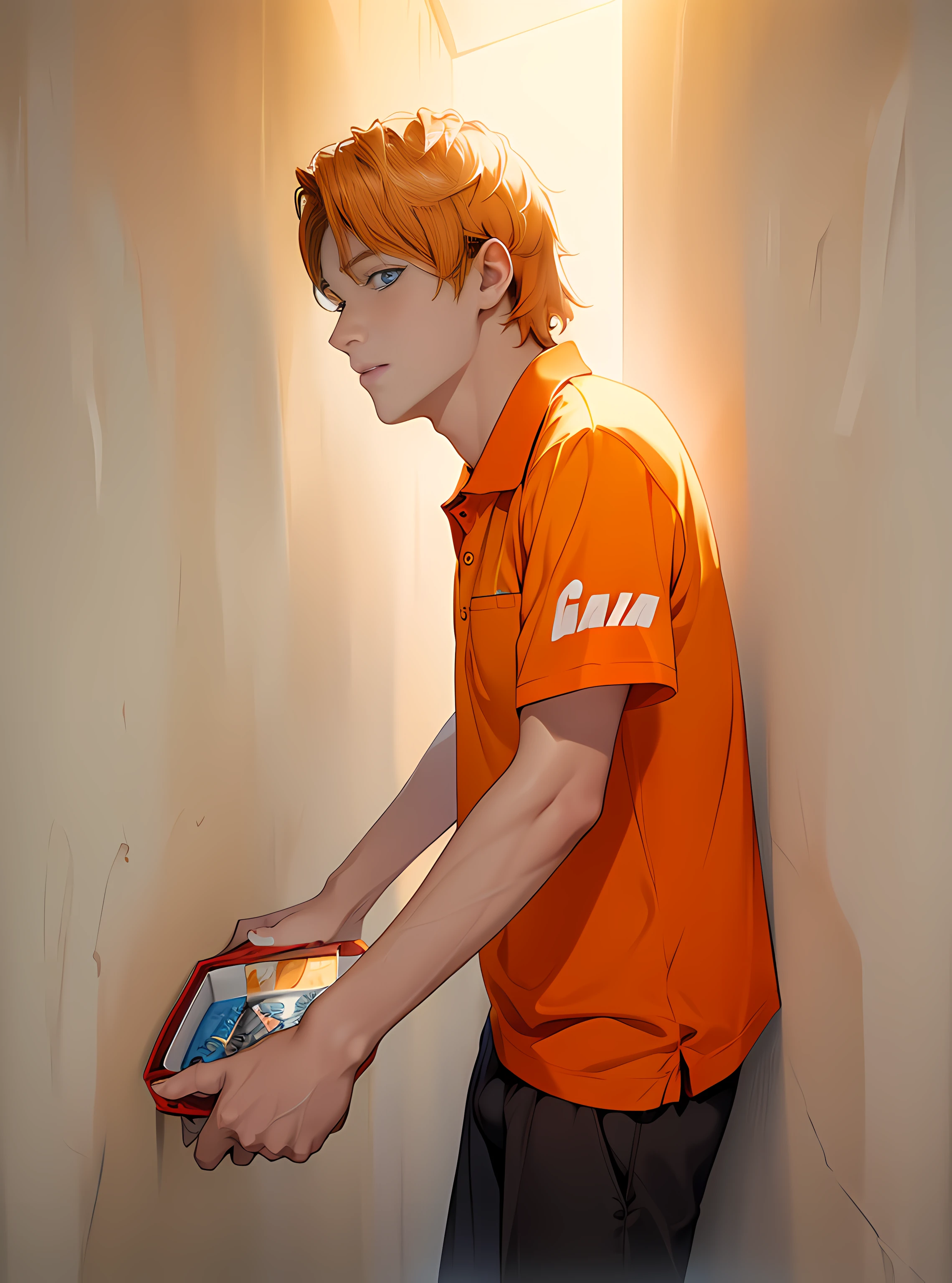 Orange Polo Shirt、twinks、white backgrounid、Have a box, Beautiful eyes、Detailed description、masuter piece、​masterpiece、Beautiful eyes、Depiction of beautiful eyes、twinks