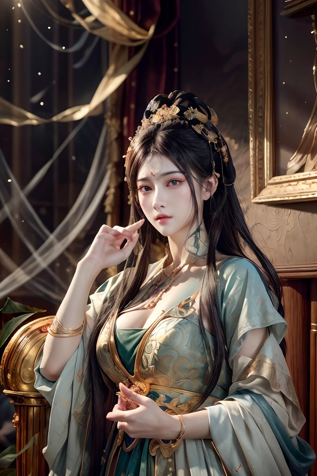 (RAW photo, best quality), (realistic, photo-realistic:1.3),best quality,highly detailed,masterpiece,ultra-detailed,illustration,1girl,upper_body,dynamic angle,world masterpiece theater,messy_long_hair,best quality,extremely detailed CG unity 8k wallpaper,ink,Amazing,cinematic lighting,lens_flare, dunhuang_style
