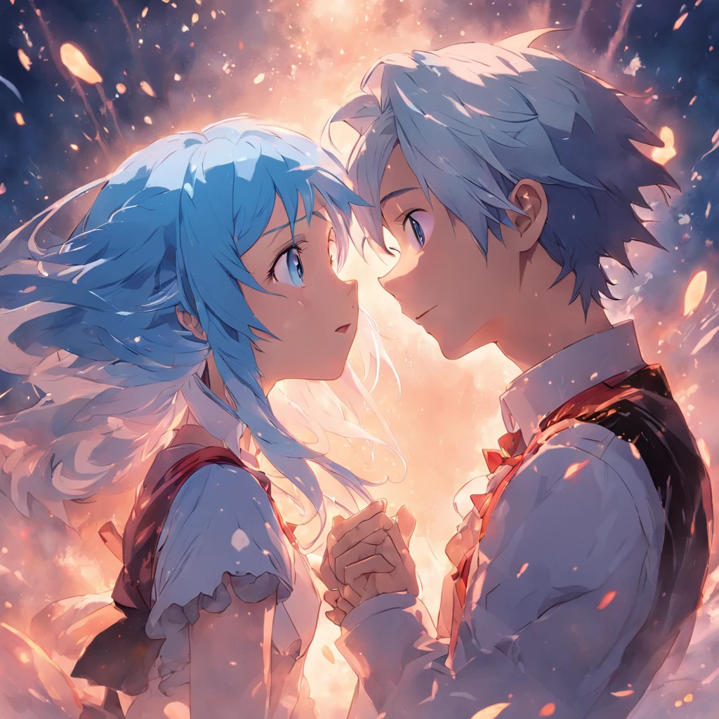 masterpiece, best quality, movie still, 1girl, 1boy, blonde girl, blue haired boy, alice in wonderland, alice, floating in the sky, close-up, bright, happy, warm soft lighting, clouds, blue lighting, fairytail