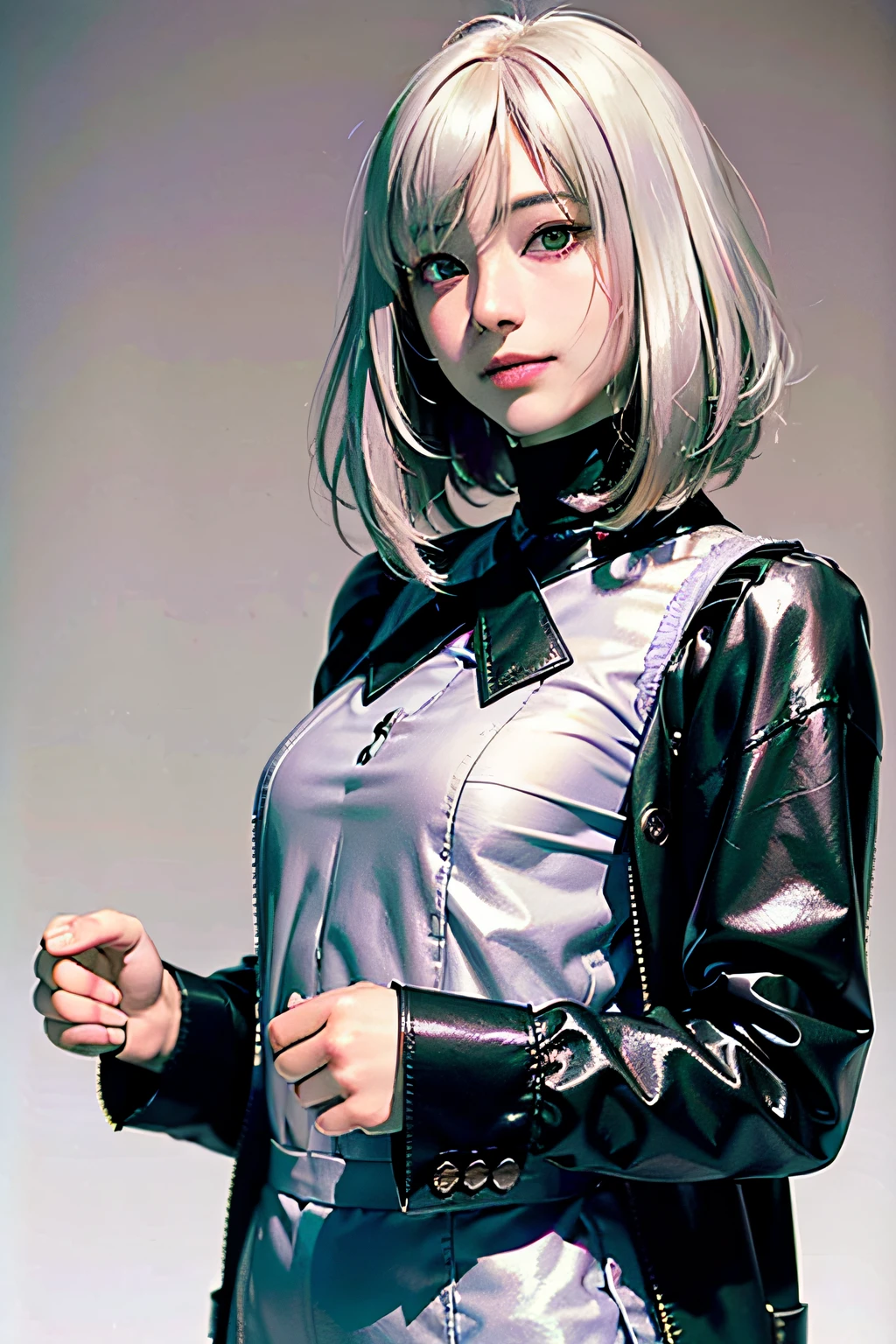 1girl,beautiful vintage color, instagram (photorealistic, high resolution:1.4), ((puffy eyes)), looking at viewer, , full body (8k, RAW photo, best quality, masterpiece:1.2), (realistic, photo-realistic:1.37),(sharp focus:1.2), professional lighting, photon mapping, radiosity, physically-based rendering, (pale skin:1.2),(small breasts:1.2), looking at viewer, (middle hair:1.5), portrait, purple eyes, (sliver hair:1.1),bangs, (simple background:1.4), solo, upper body, realistic,(masterpiece:1.4),(best quality:1.4),(shiny skin),fashi-girl,makeup,smile(skinny,closed mouth,shy :1.3) ,(standing,black Stewardess uniform,Necromancer:1.1),medium bust,sexy pose ,