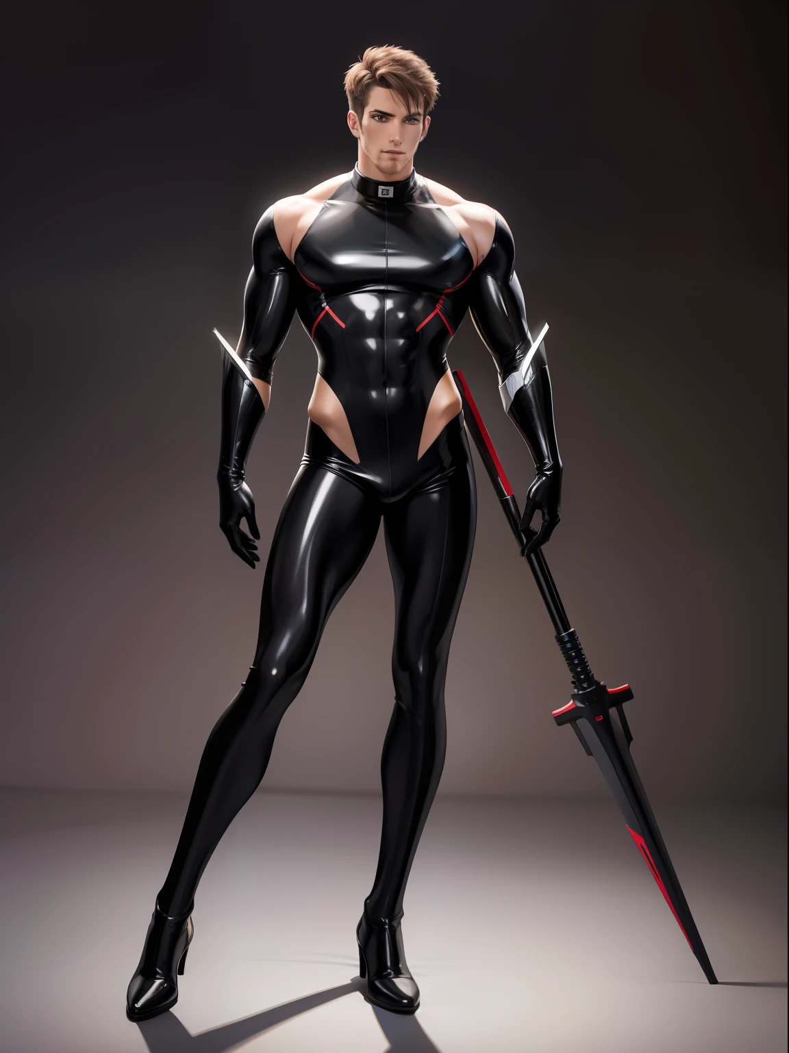 musculature,Shiny black suit 18 cm,Handsome,Full body photo,latex suit,future warrior,sense of science and technology,Long boots,male people,年轻,Muscular body